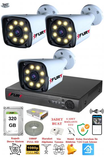 FURY 3 Kameralı 5mp Lens 1080p 2mp Color Görüntü 8 Warm Led Gece Görüş Fullhd Güvenlik Kamera 5520w 320