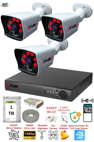 FURY 3 Kameralı 5mp Lensli 1080P 2mp Görüntü 6 Atom Gece Görüşlü FullHd Güvenlik Kamerası 5525A 1TB