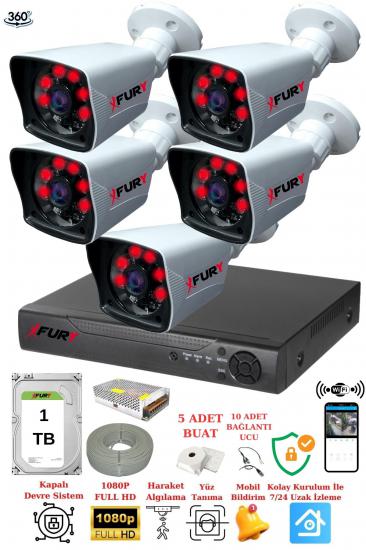 FURY 5 Kameralı 5mp Lensli 1080P 2mp Görüntü 6 Atom Gece Görüşlü FullHd Güvenlik Kamerası 5525A 1TB