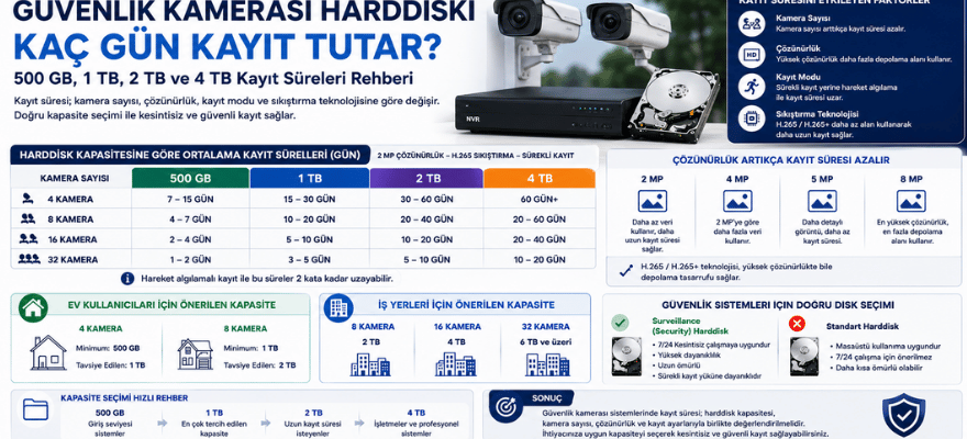 Güvenlik Kamerası Harddiski Kaç Gün Kayıt Tutar? 500 GB, 1 TB, 2 TB ve 4 TB Kayıt Süreleri