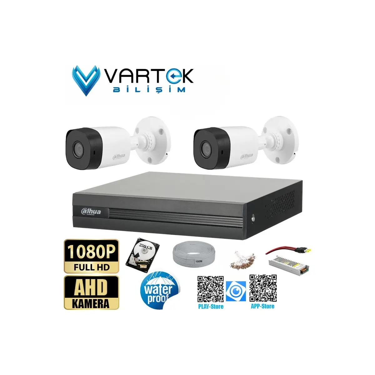 2 Kameralı 2mp Bullet 3.6mm 30M Gece Görüşlü Full Hd Güvenlik Kamera Seti