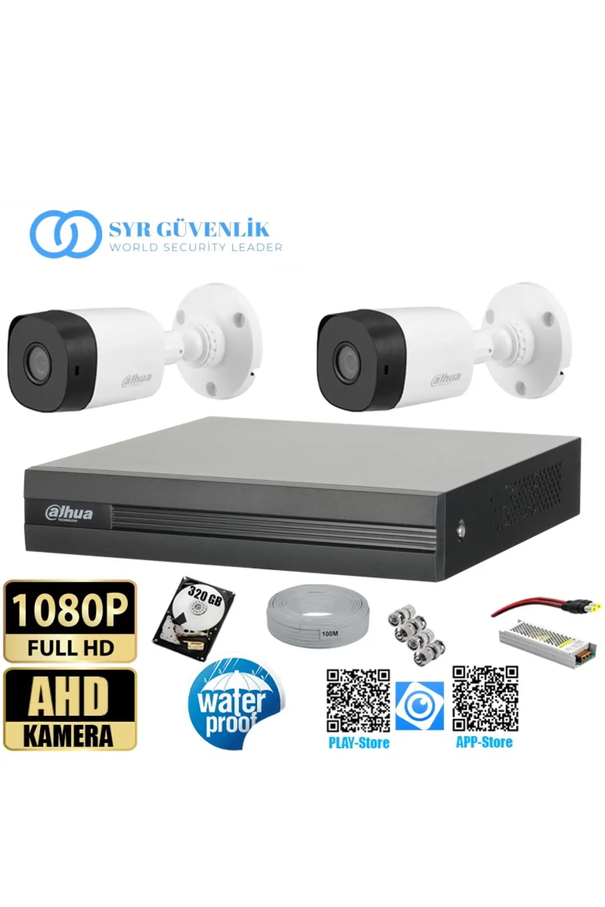 2 Kameralı 320GB Harddiskli 30m Gece Görüşlü Full HD Güvenlik Kamera Set Her şey dahil