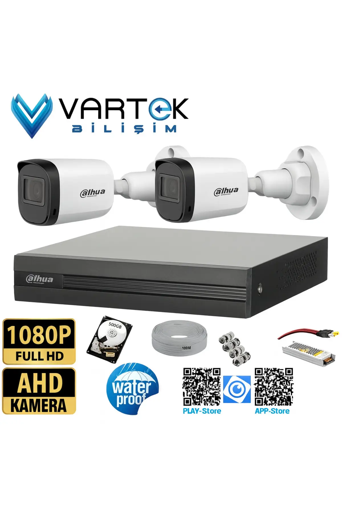 2 Kameralı Full HD 1080P AHD Kayıt Seti + 500GB Hard Disk – İç Dış Mekan Uyumlu