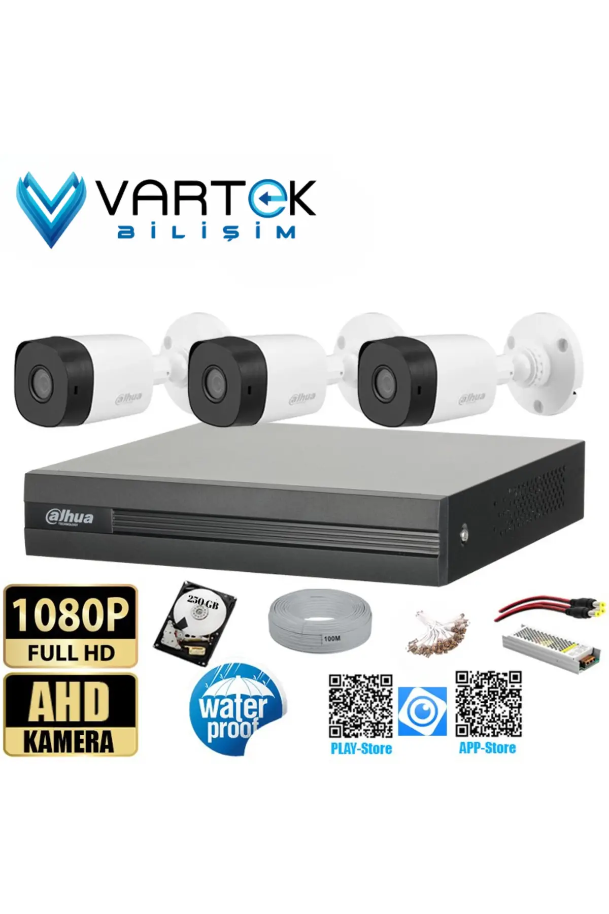 3 Kameralı 250GB Harddiskli 30m Gece Görüşlü Full HD Güvenlik Kamera Set Her şey dahil