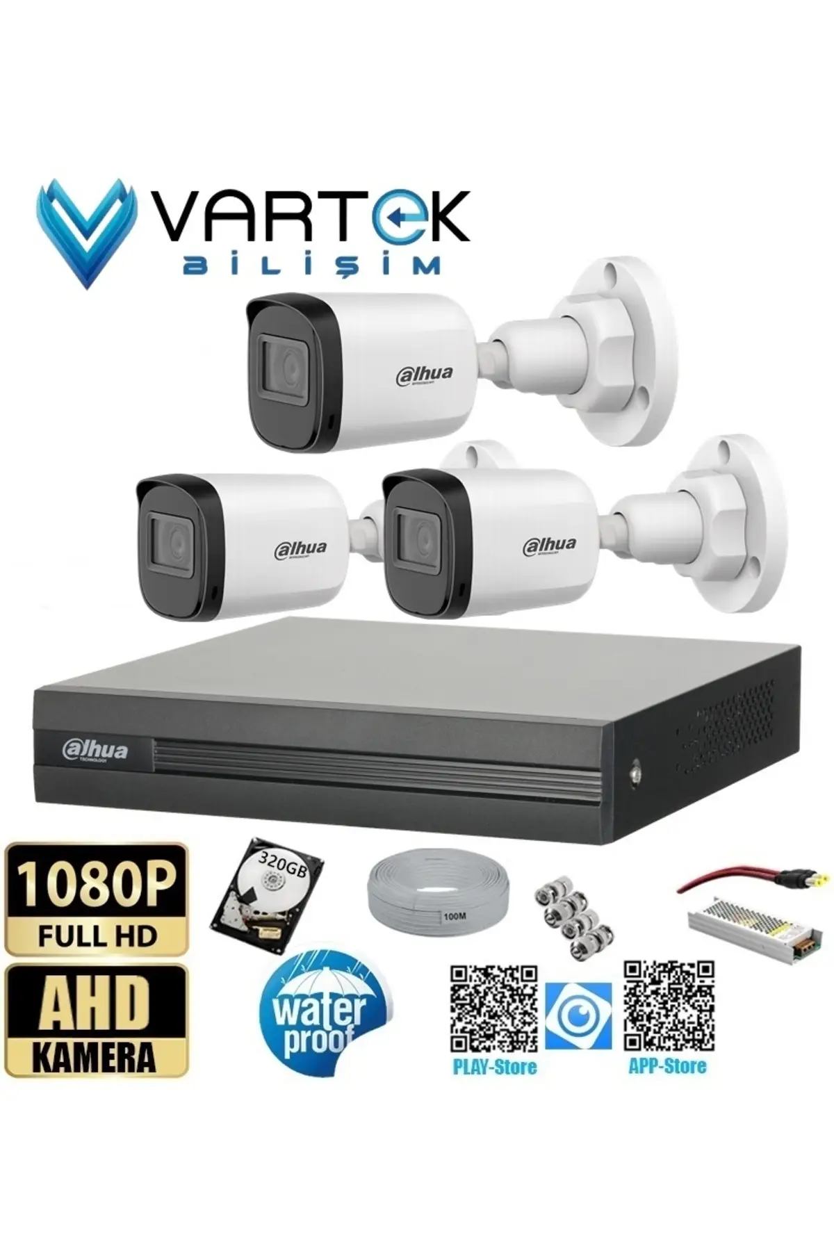 3 Kameralı Full HD 1080P AHD Kayıt Seti + 320GB Hard Disk – İç Dış Mekan Uyumlu