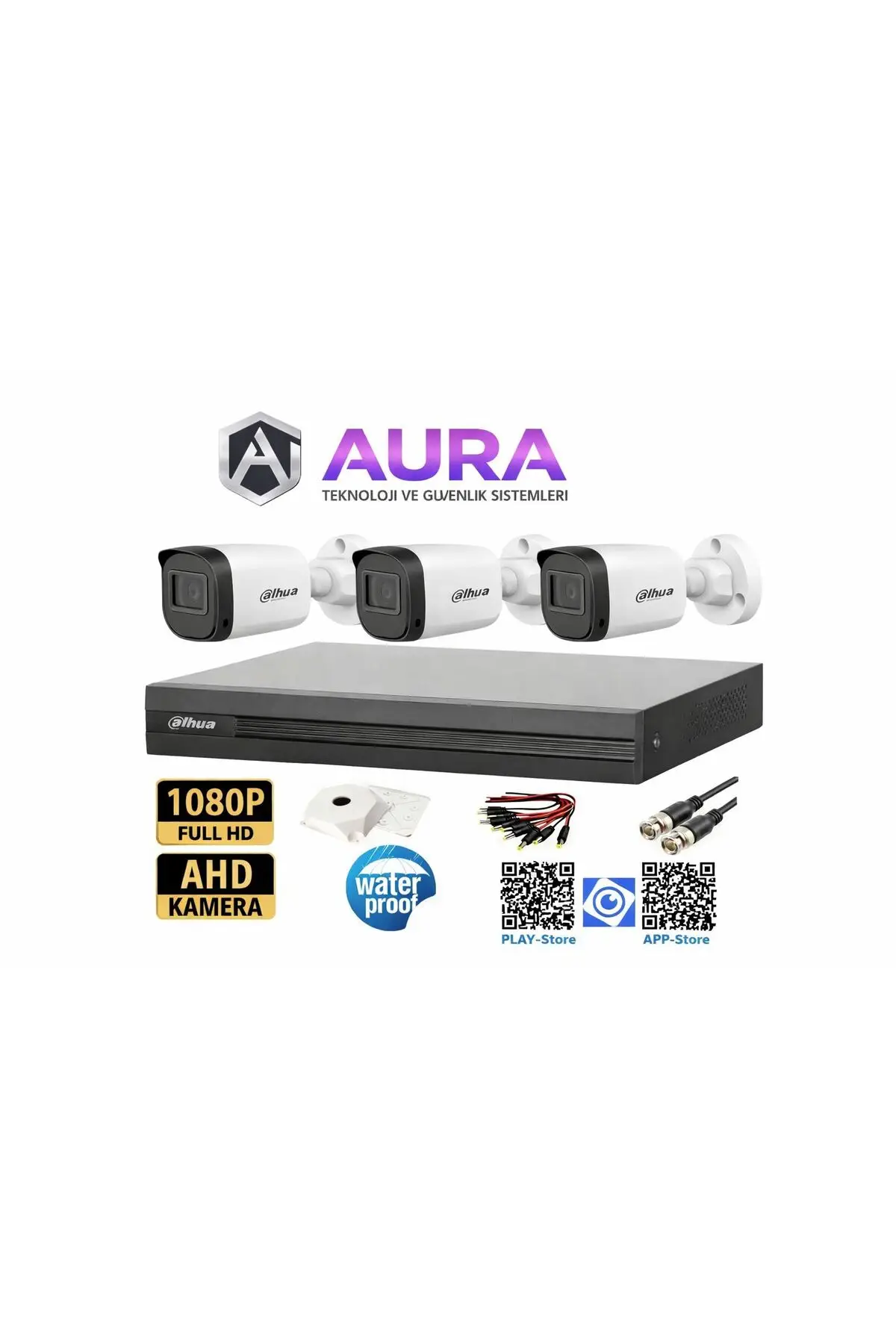 3 Kameralı Full HD 1080P AHD Kayıt Seti İç Dış Mekan Uyumlu