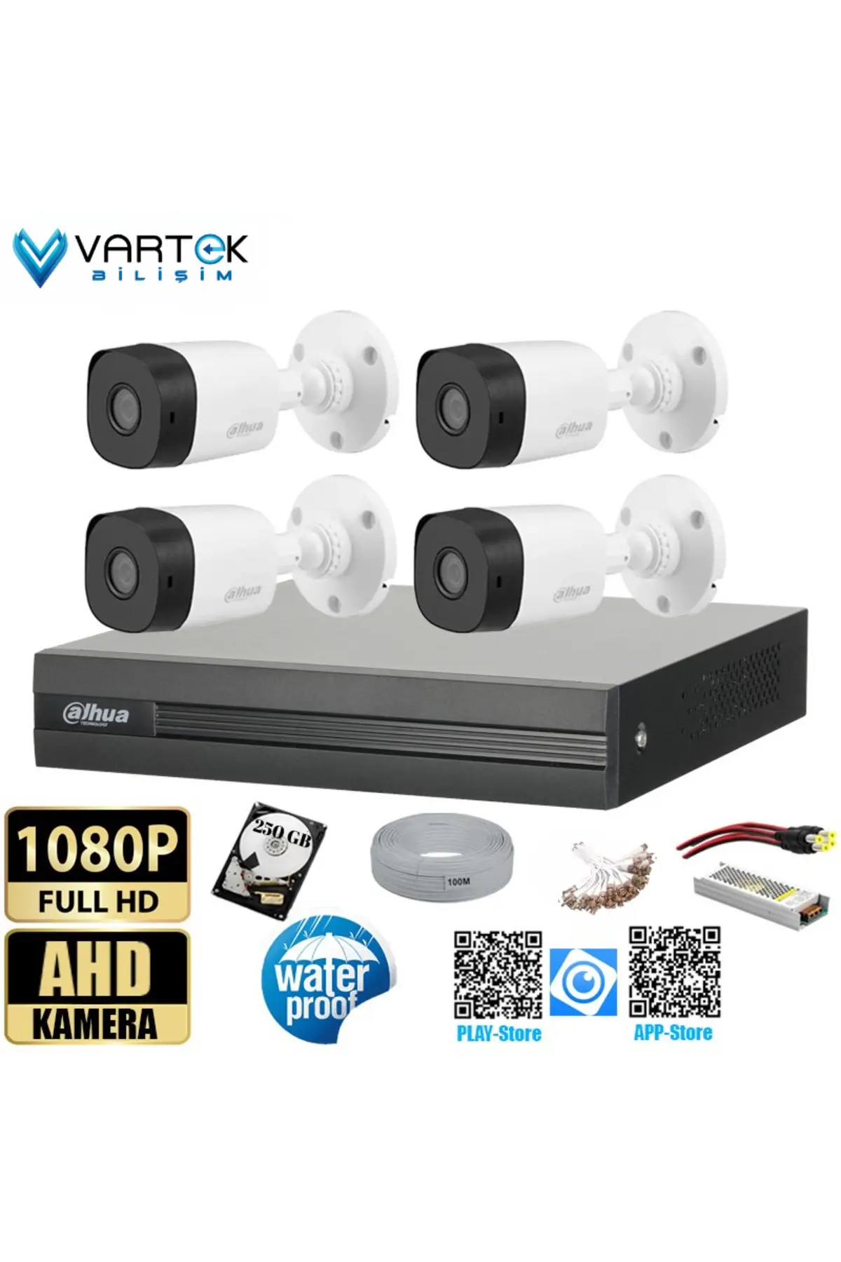 4 Kameralı 250GB Harddiskli 30m Gece Görüşlü Full HD Güvenlik Kamera Seti