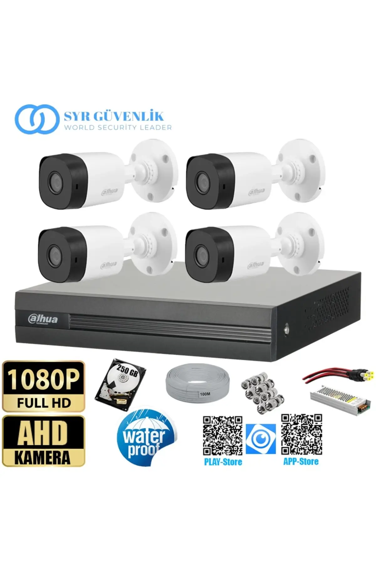 4 Kameralı 250GB Harddiskli 30m Gece Görüşlü Full HD Güvenlik Kamera Seti Her şey dahil tak çalıştır