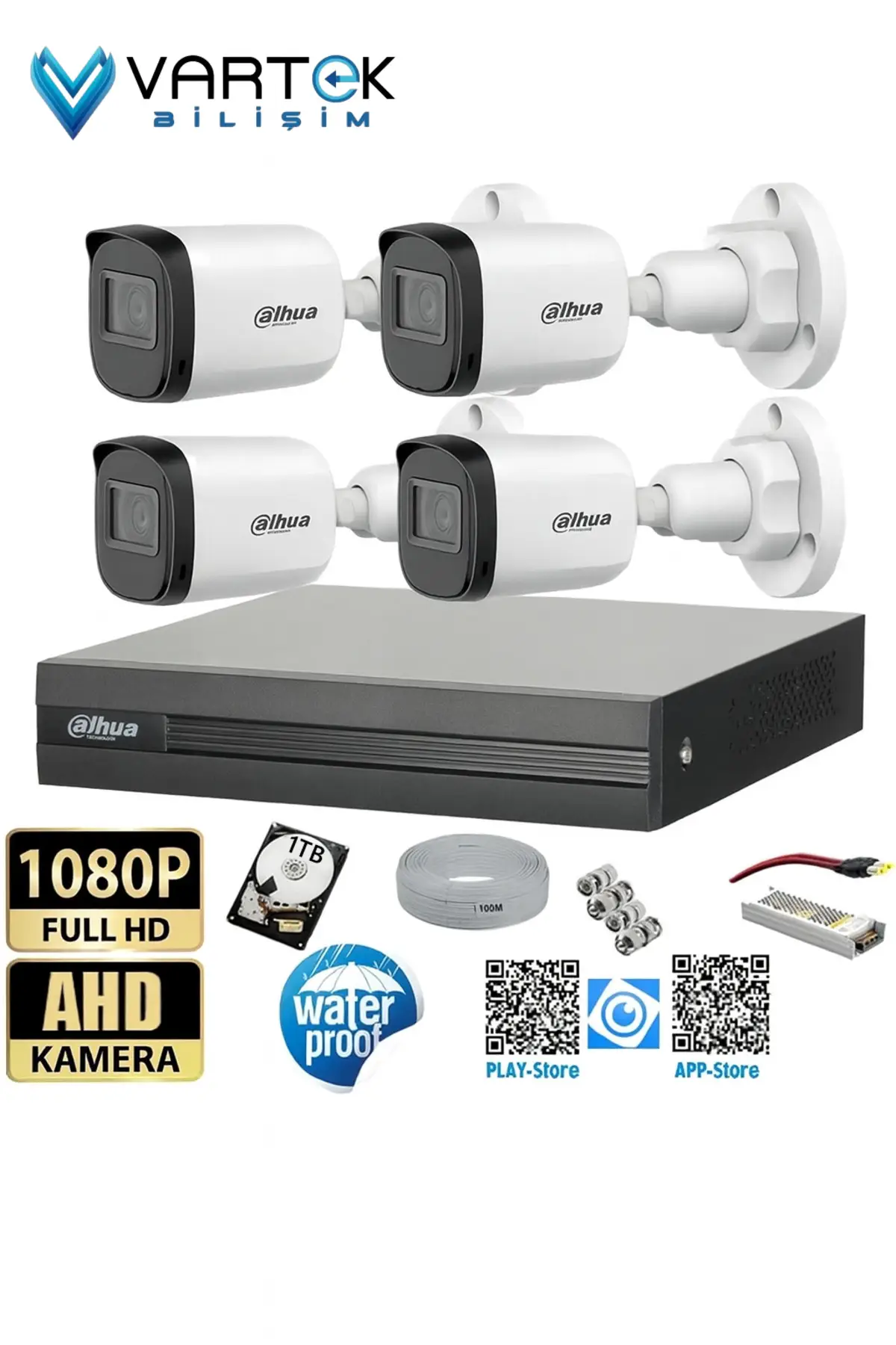 4 Kameralı Full HD 1080P AHD Kayıt Seti + 1000GB Hard Disk – İç Dış Mekan Uyumlu