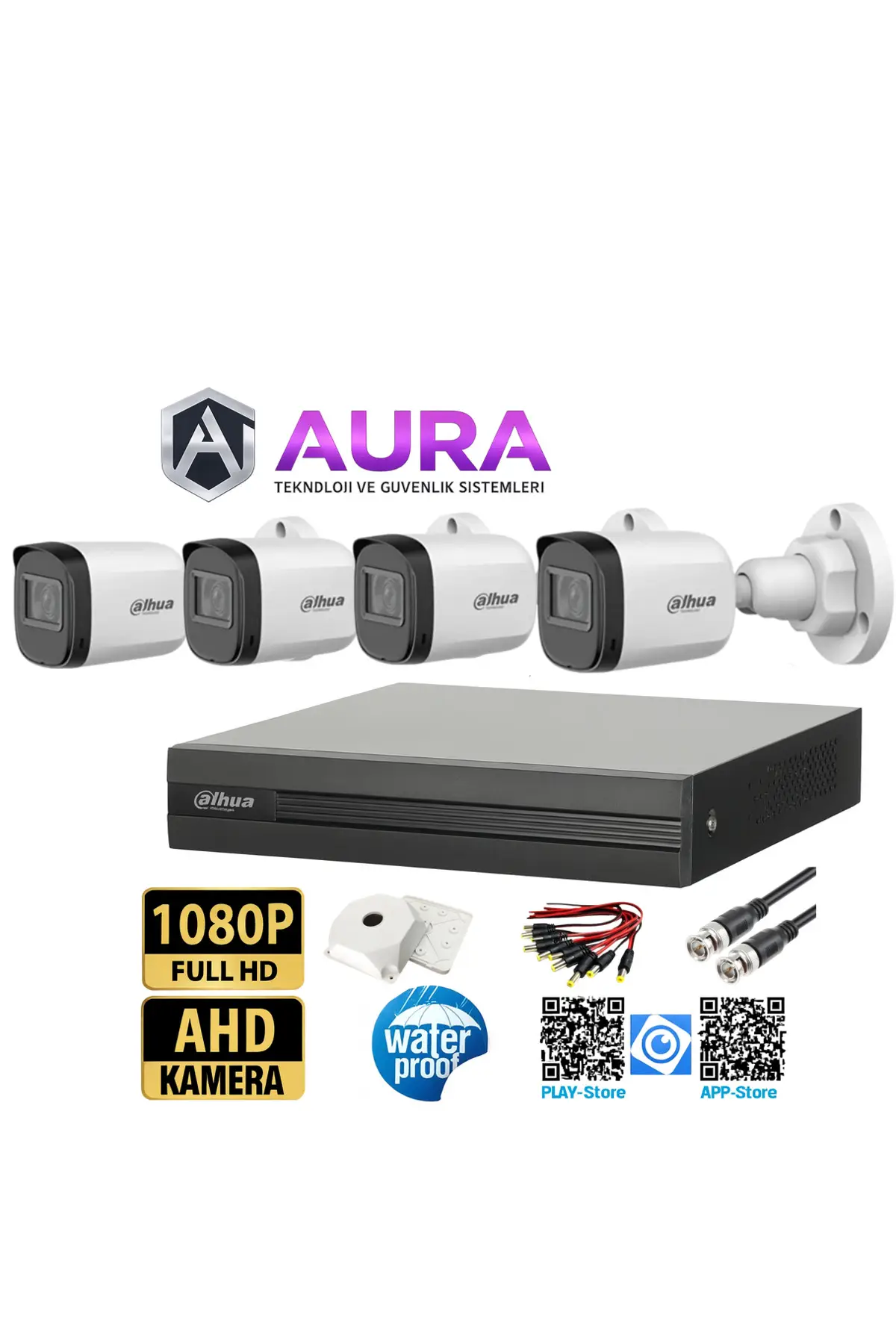 4 Kameralı Full HD 1080P AHD Kayıt Seti İç Dış Mekan Uyumlu