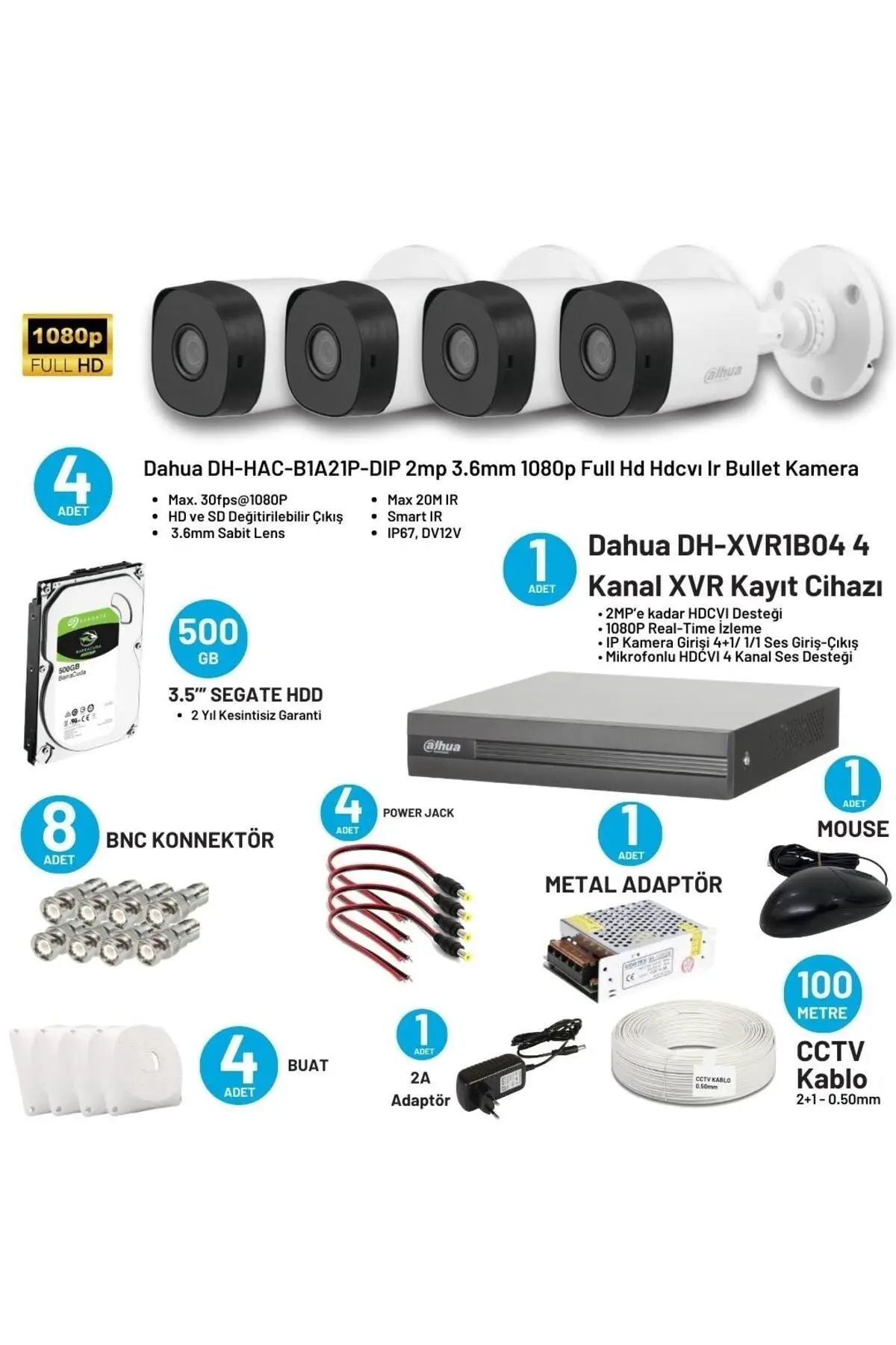 4 Kameralı Full Hd Su Geçirmez Uzaktan Izlenen-kayıt Cihazlı Full Hazır Güvenlik Kamerası Seti