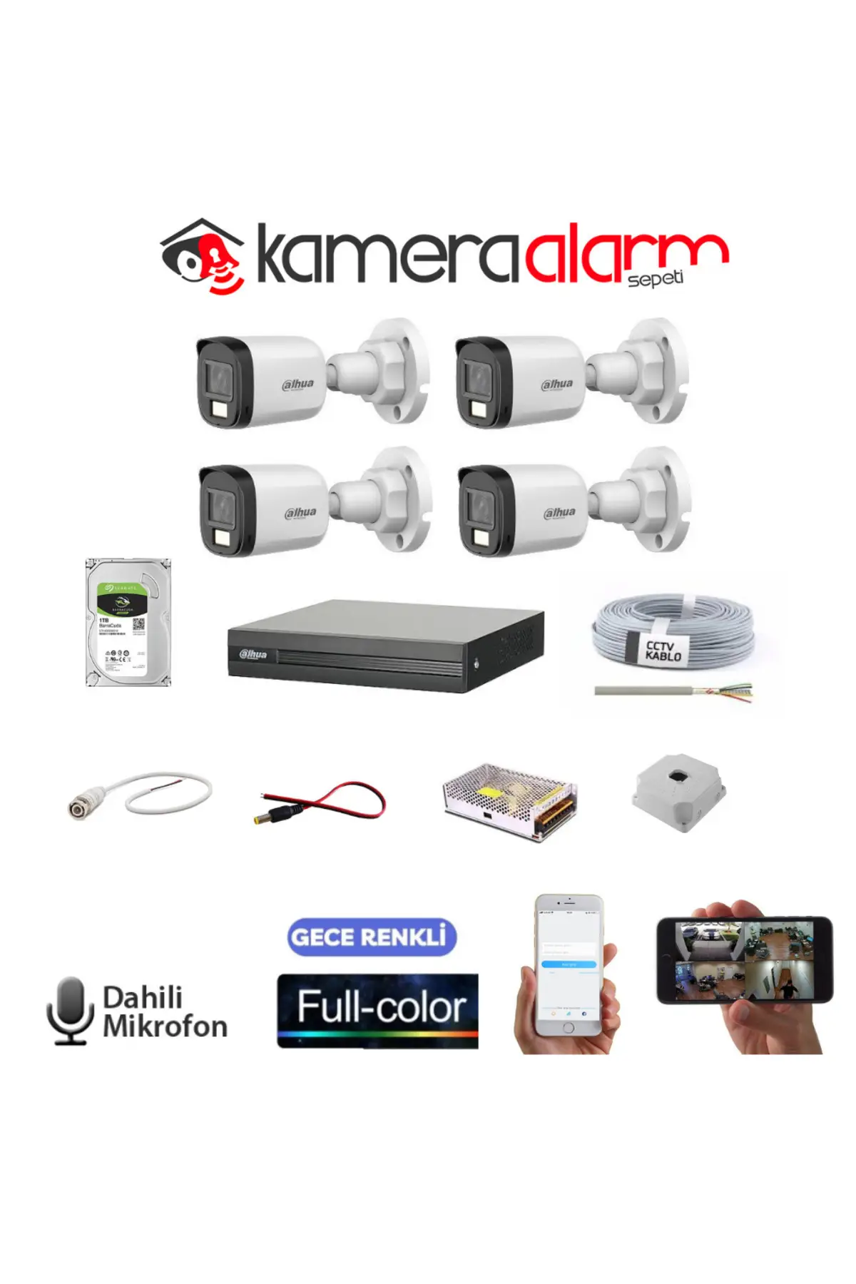 4 Kameralı Gece Renkli Dahili Mikrofonlu Güvenlik Kamerası Seti - 1TB HDD