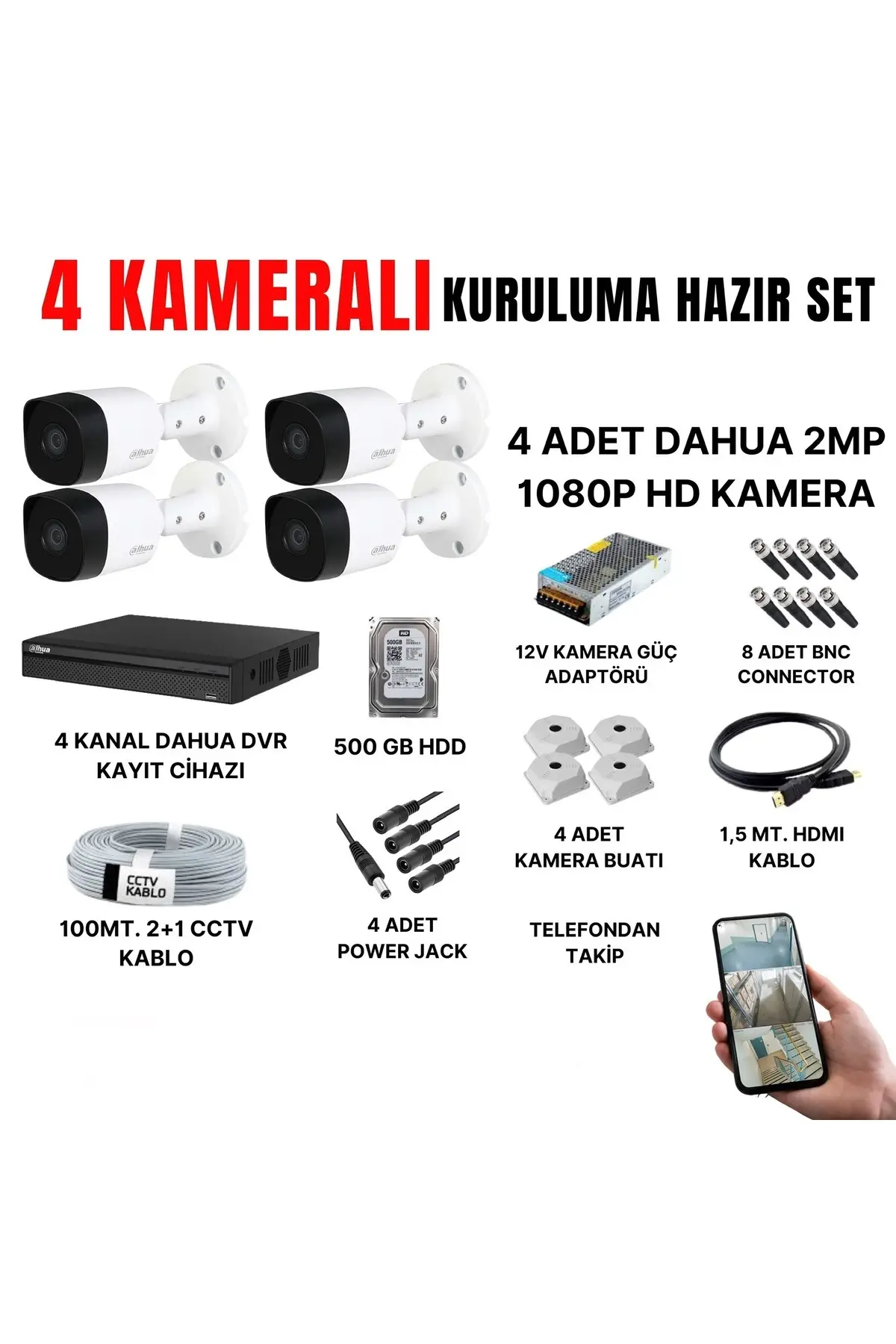 4 KAMERALI GÜVENLİK KAMERASI SETİ-CEPTEN İZLEME-FULLHD-GECE GÖRÜŞLÜ-SU GEÇİRMEZ