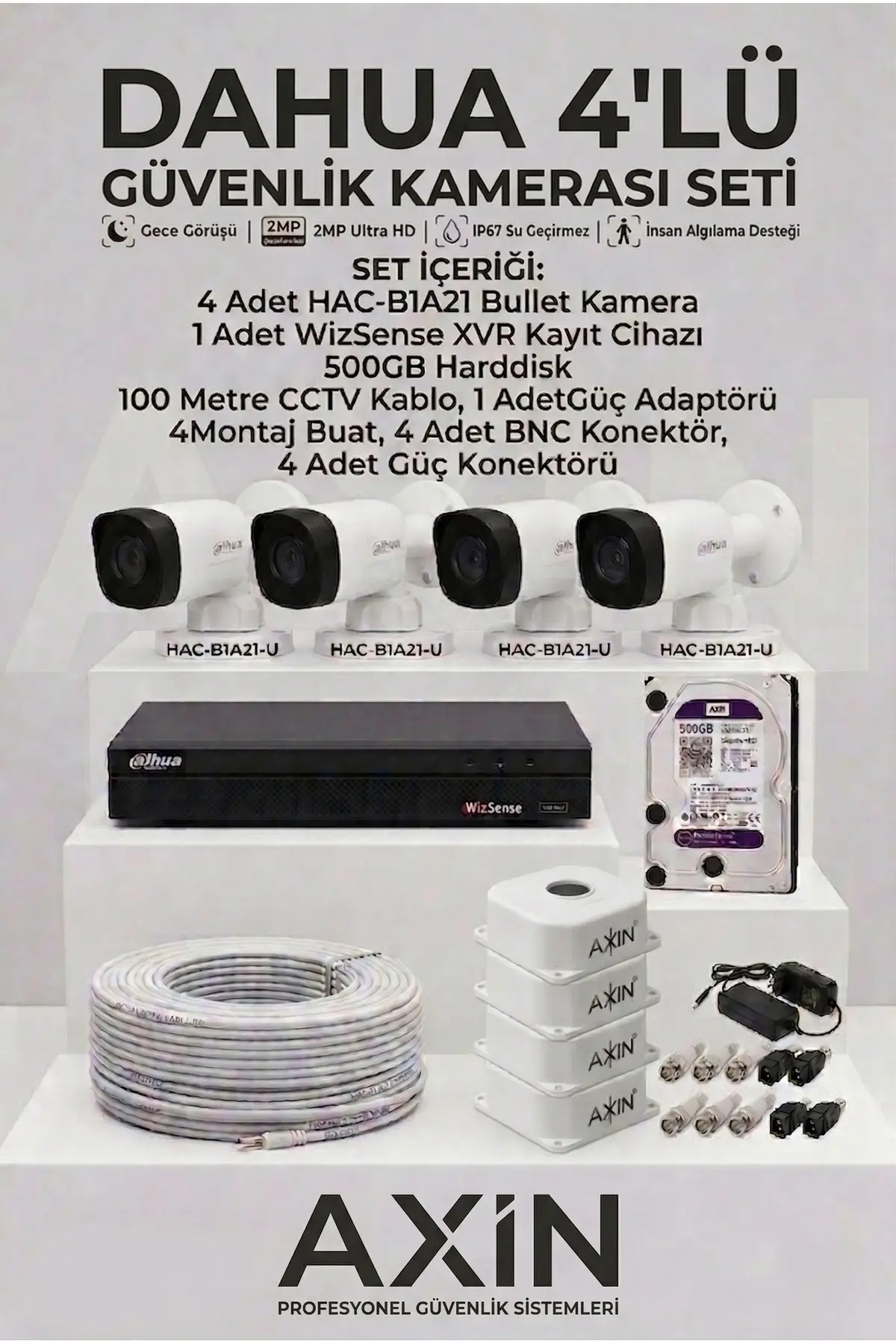 Dahua 4'lü Güvenlik Kamerası Seti - Full Paket - 500GB HDD