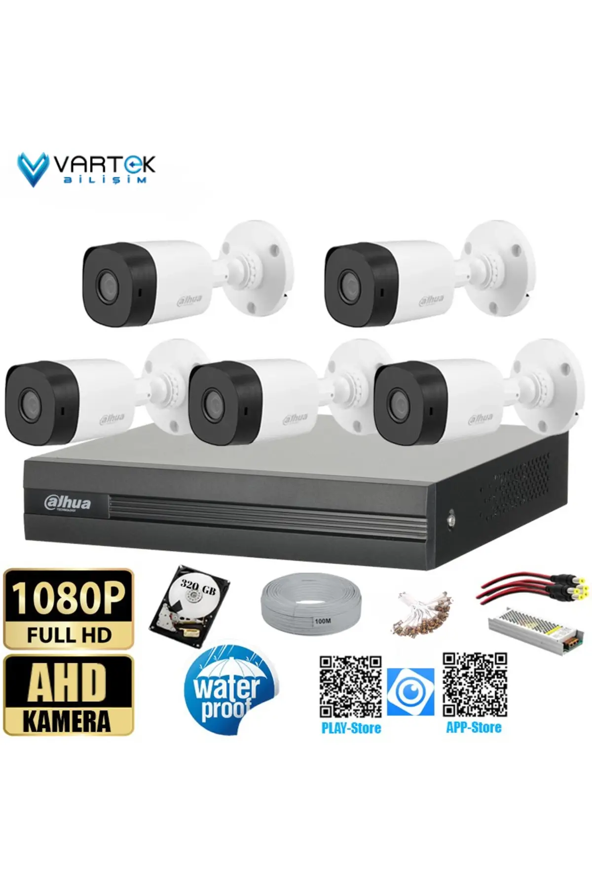 5 Kameralı 320GB Harddiskli 30m Gece Görüşlü Full HD Güvenlik Kamera Seti Full Set