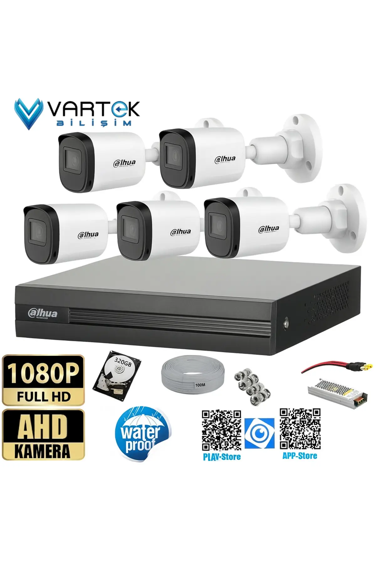 5 Kameralı Full HD 1080P AHD Kayıt Seti + 320GB Hard Disk – İç Dış Mekan Uyumlu