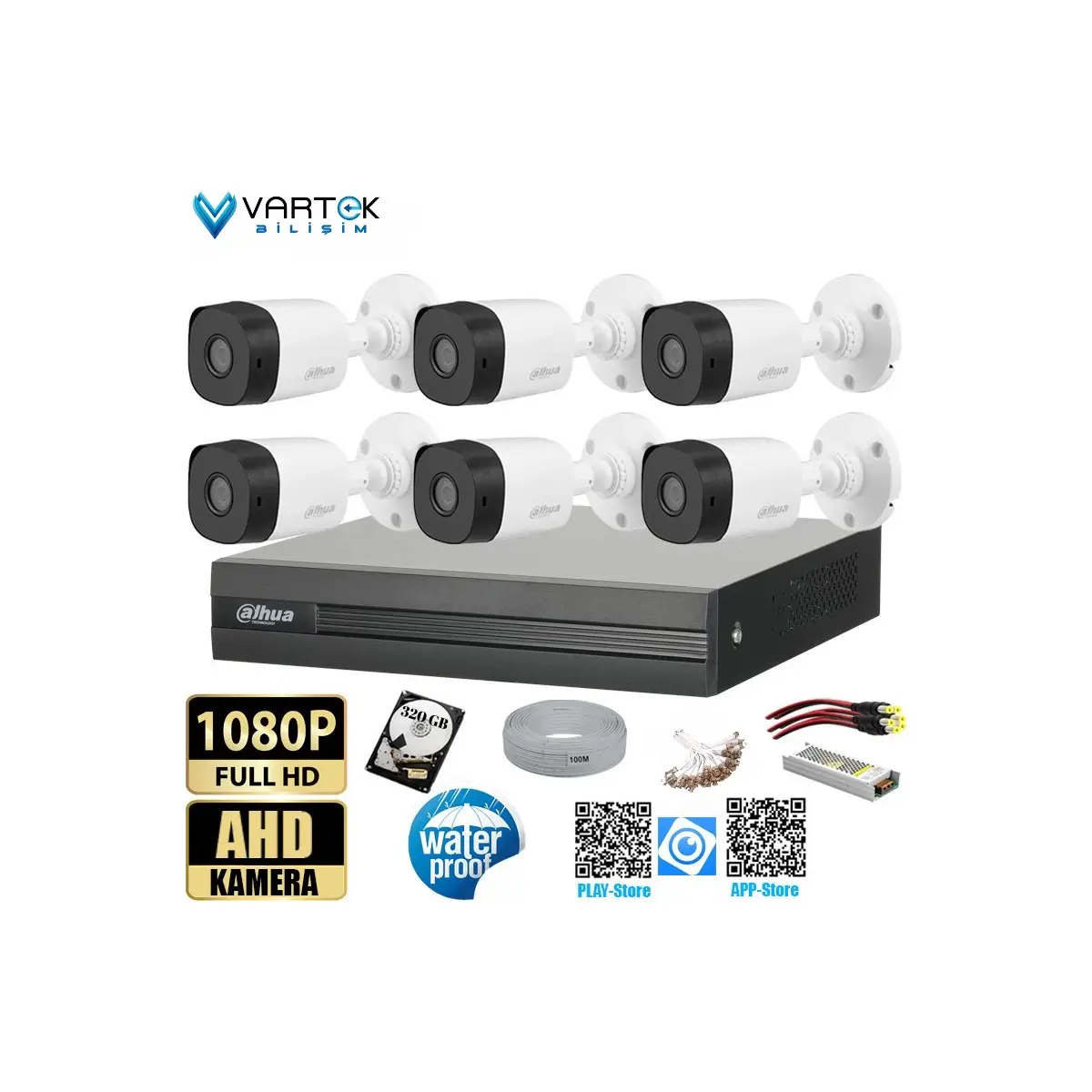 6 Kameralı 30M Gece Görüşlü Full Hd Güvenlik Kamera Seti 2mp Bullet 3.6mm HAC-B1A21-0360B