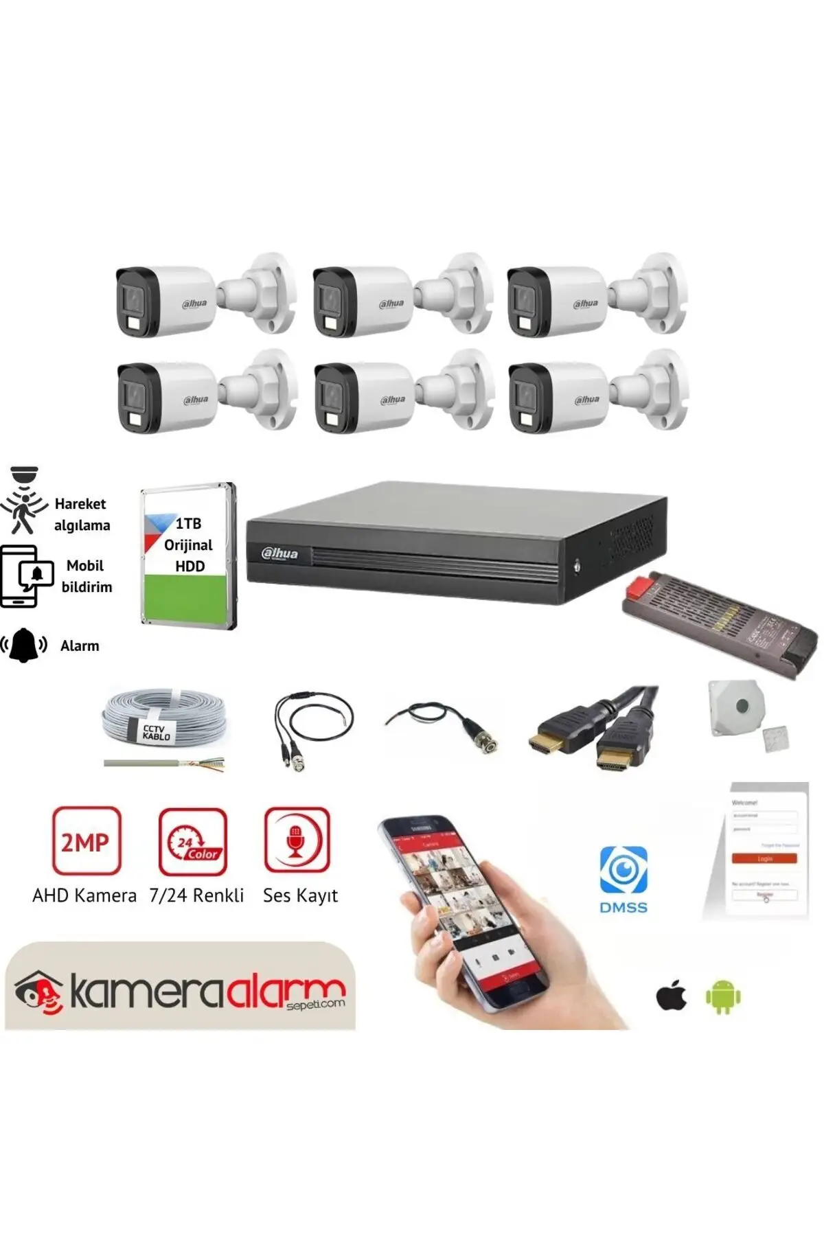 6 Kameralı 7/24 Renkli Görüşlü Dahili Mikrofonlu Güvenlik Kamerası Seti - Uzaktan Izleme - 1tb Hdd