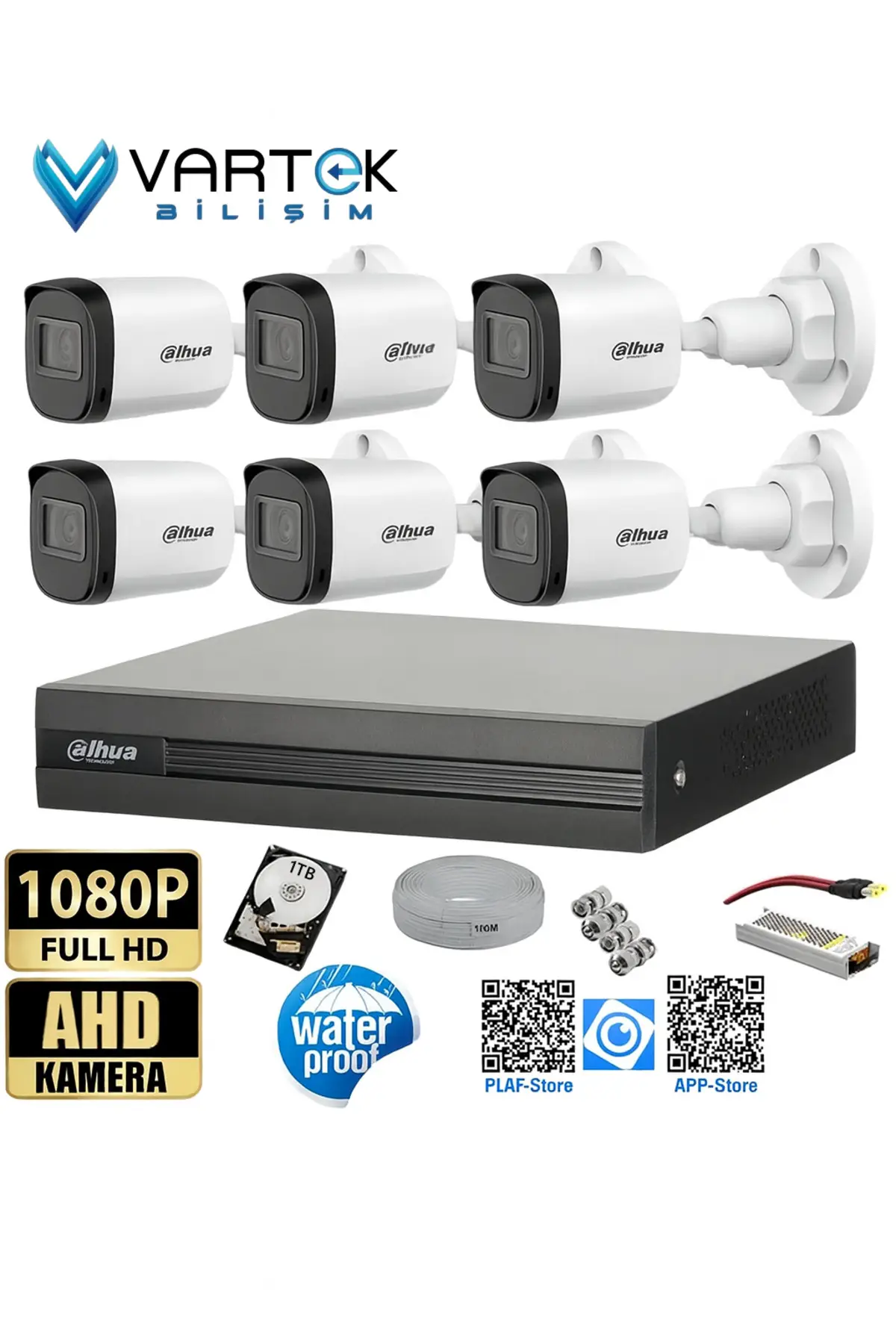 6 Kameralı Full HD 1080P AHD Kayıt Seti + 1000GB Hard Disk – İç Dış Mekan Uyumlu
