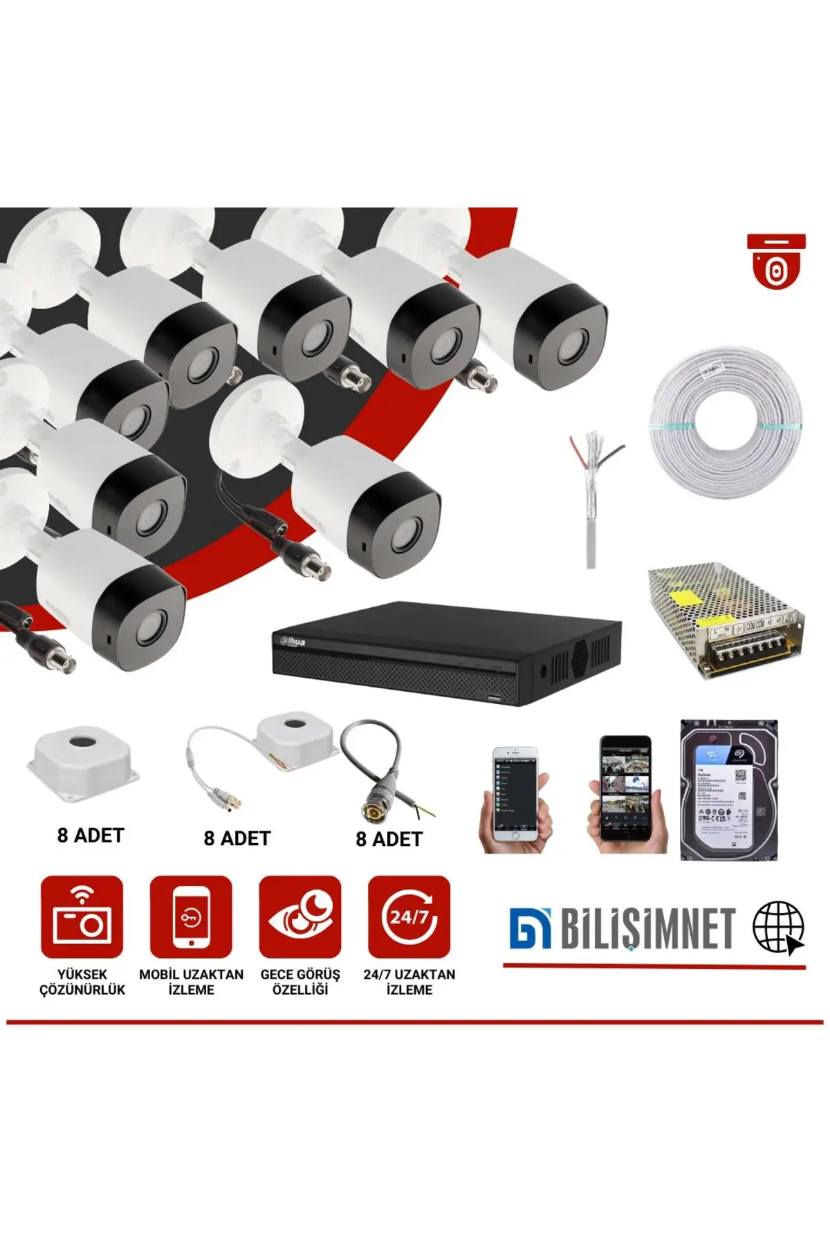 8 KAMERA AHD FULL HD GÜVENLİK KAMERASI GÜVENLİK SİSTEMİ FULL TAKIM SET 1 TB HDD