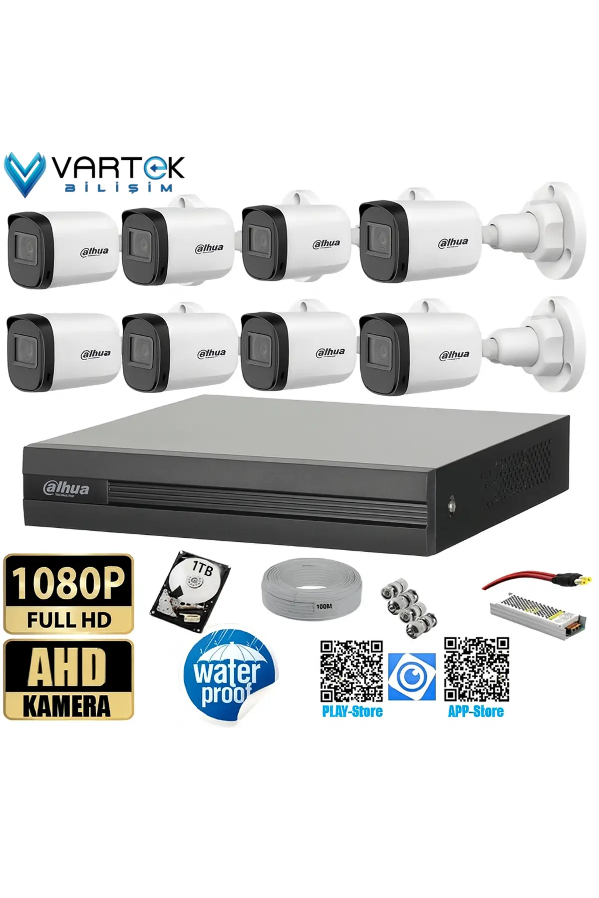8 Kameralı Full HD 1080P AHD Kayıt Seti +1000GB Hard Disk – İç Dış Mekan Uyumlu
