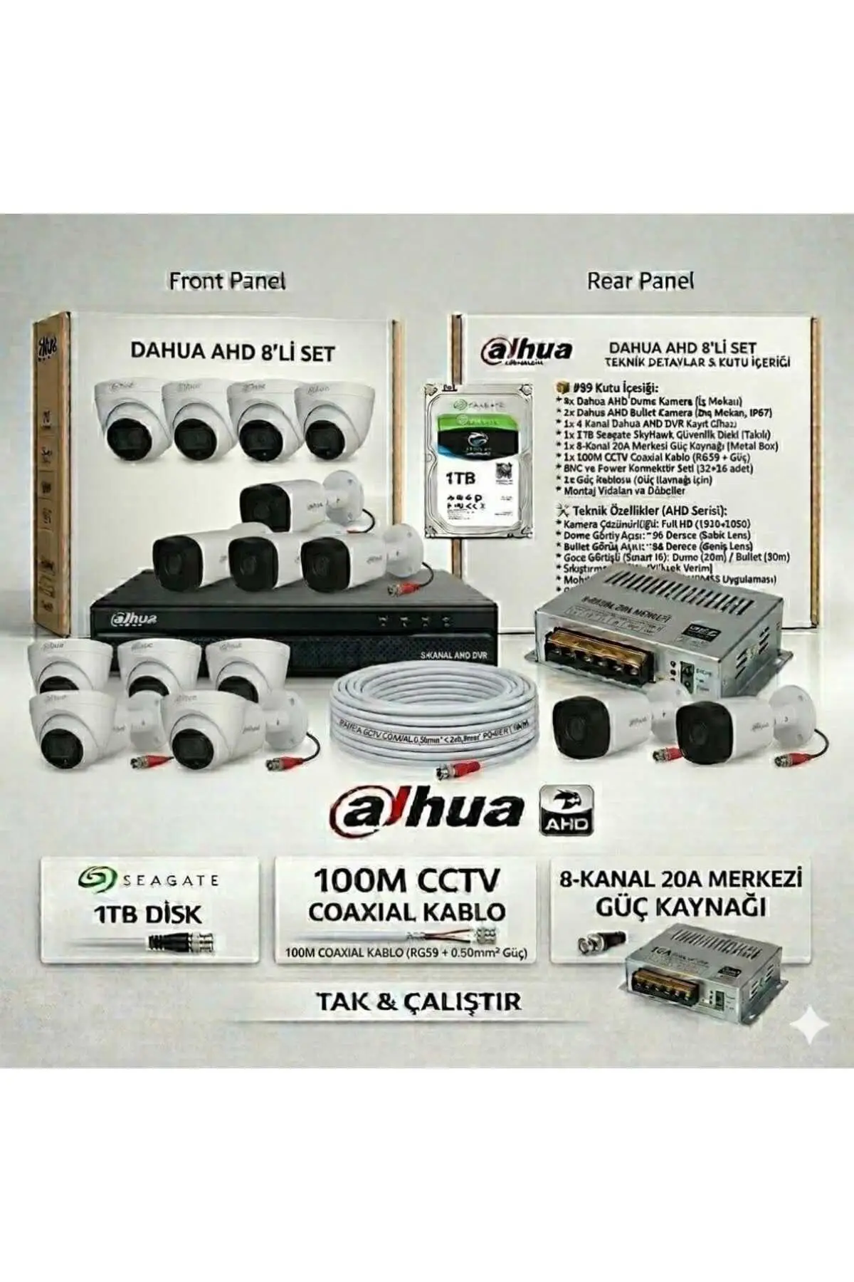 8 Kameralı Full HD AHD - 4 İç + 4 Dış Mekan (1TB HDD + 20A Adaptör)