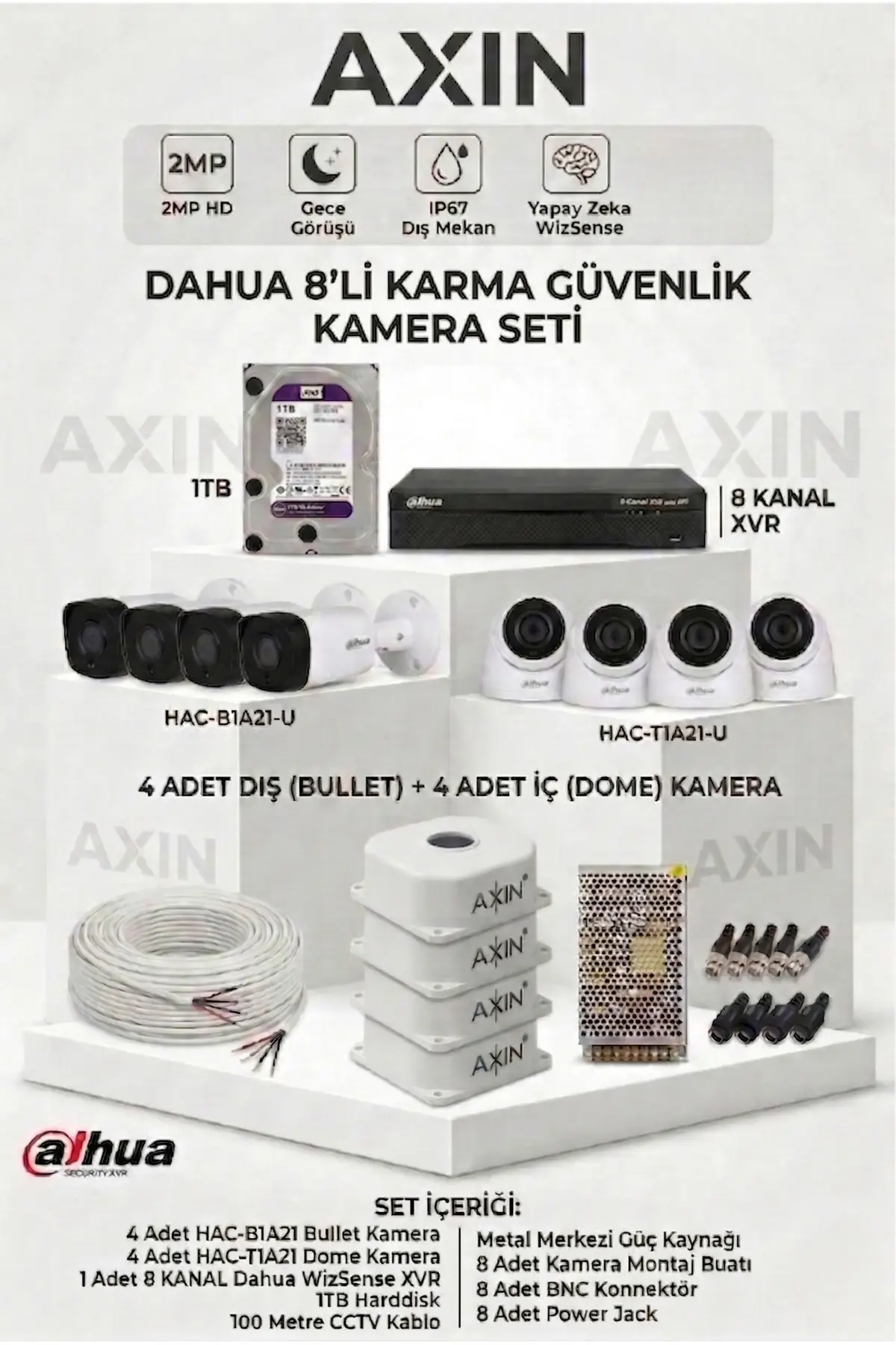 8’li Güvenlik Kamera Seti - (4 Dış + 4 İç Mekan Kamera) - Gece Görüş - Yapay Zeka - 1TB HDD