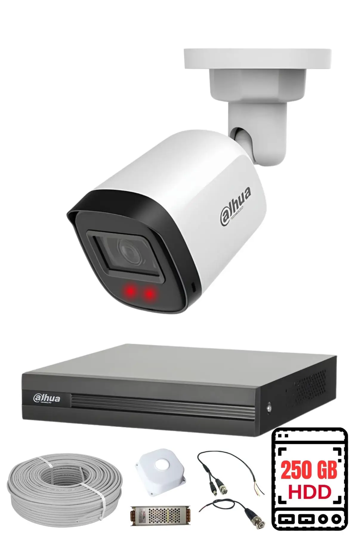 Dahua 1 Kameralı Gece Görüşlü Su Geçirmez FULL HD Güvenlik Kamerası Seti 250GB