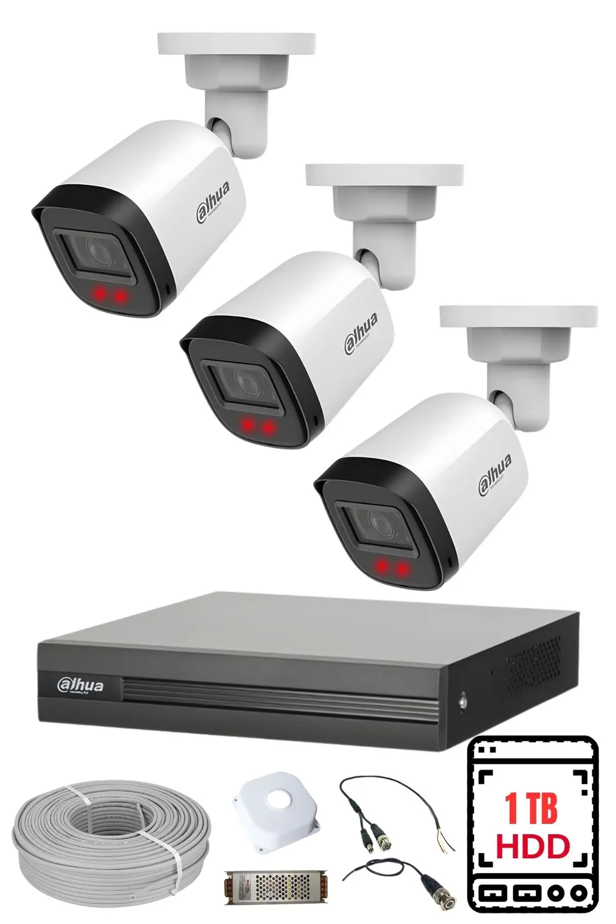 Dahua 3 Kameralı Gece Görüşlü Su Geçirmez FULL HD Güvenlik Kamerası Seti 1TB