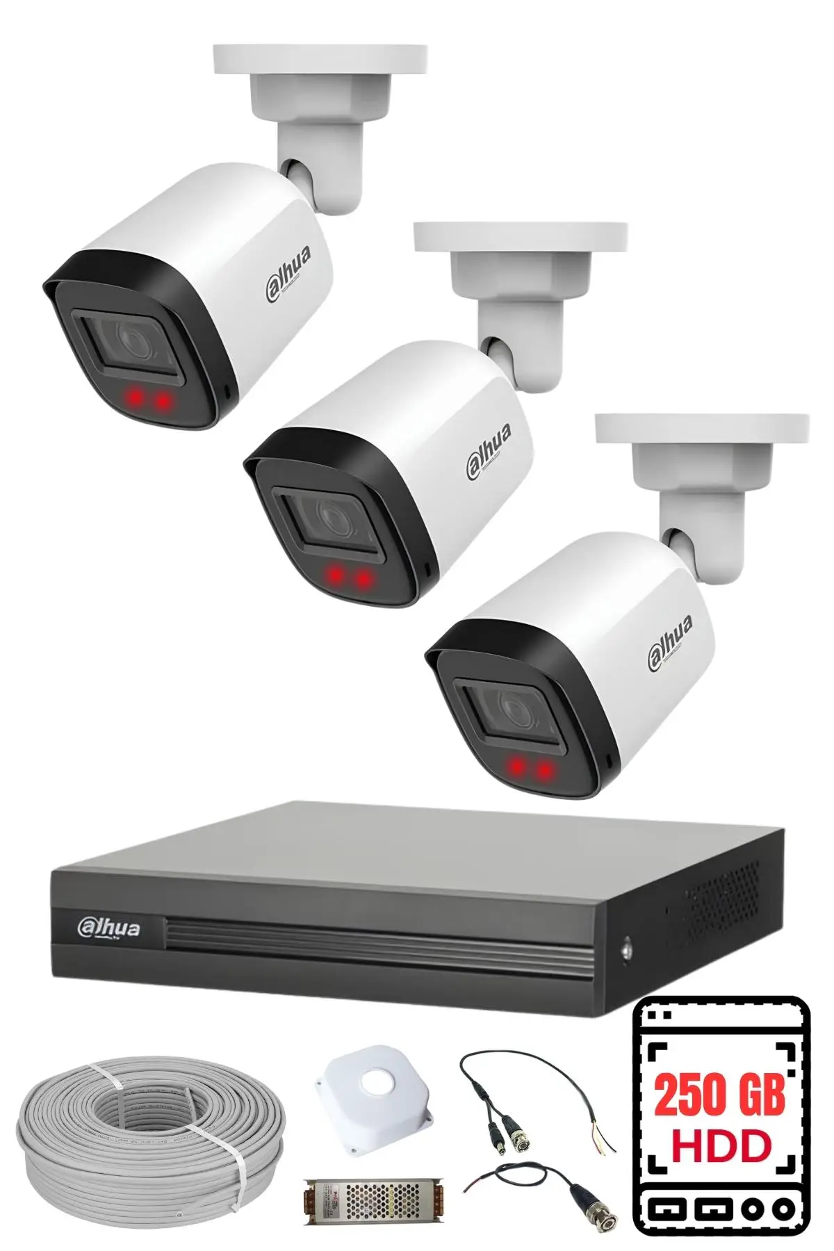 Dahua 3 Kameralı Gece Görüşlü Su Geçirmez FULL HD Güvenlik Kamerası Seti 250GB