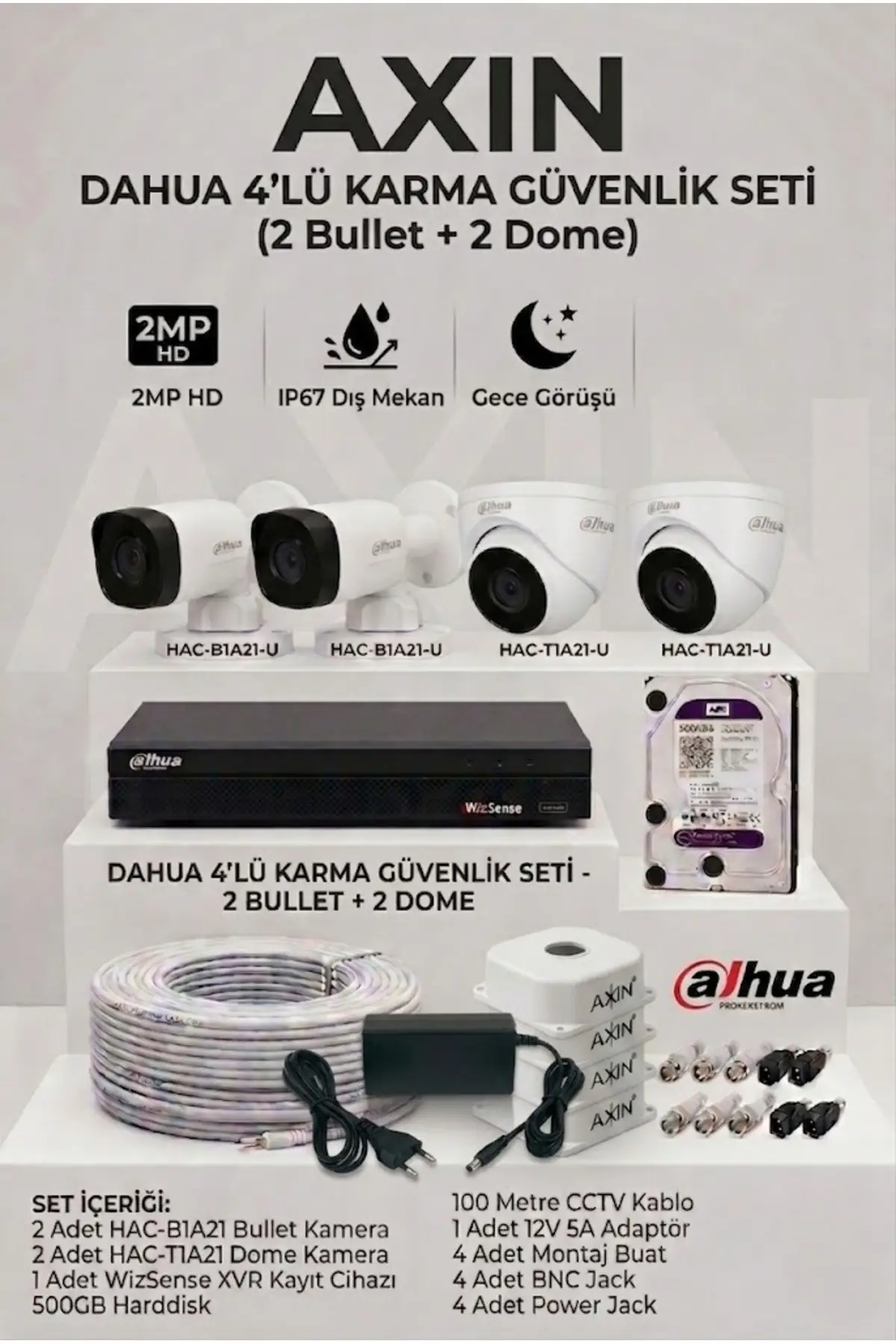 Dahua 4 Kameralı Güvenlik Seti - 2 Dış Mekan Bullet 2 İç Mekan Dome - Full Paket - 500GB HDD