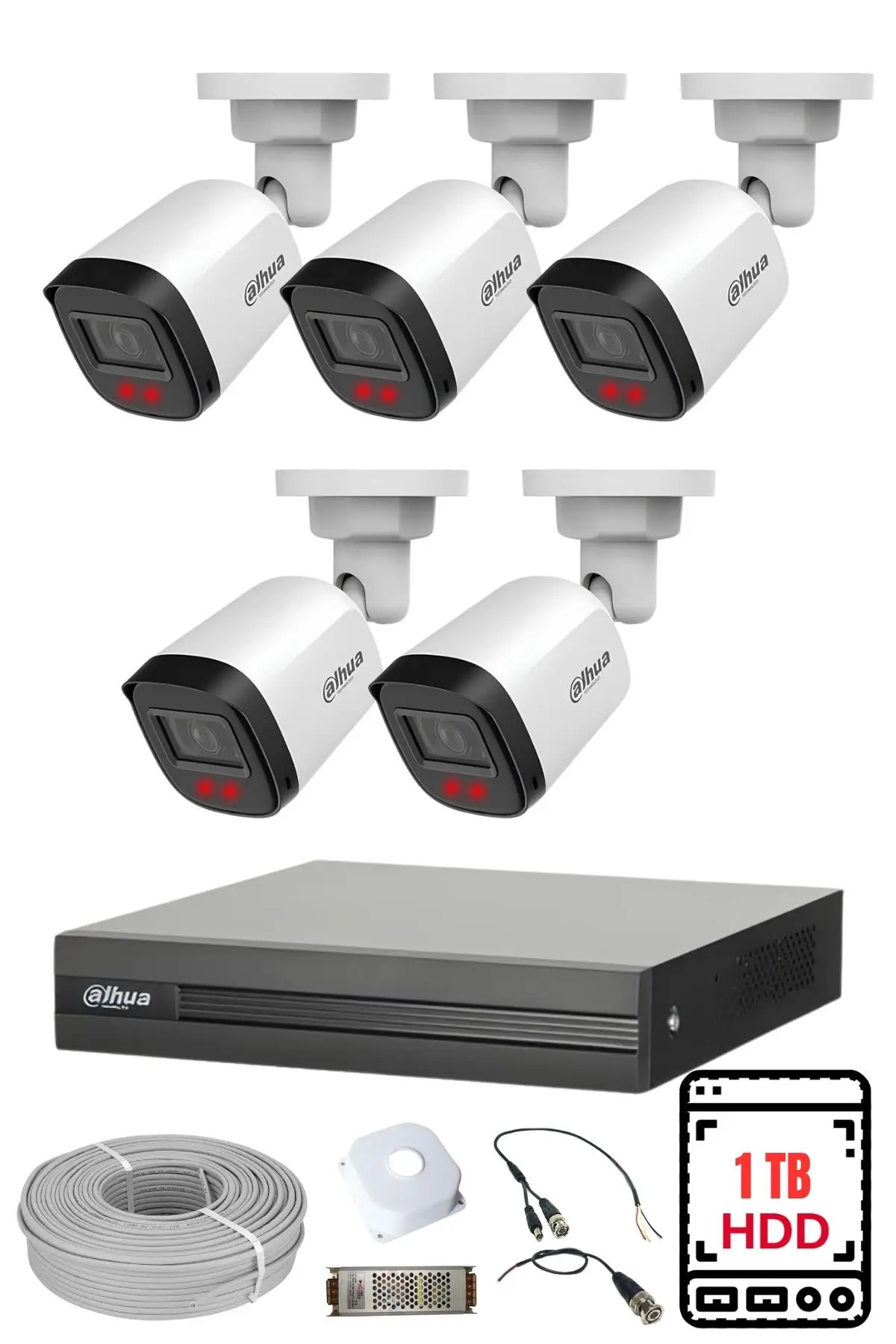 Dahua 5 Kameralı 2MP Full HD Güvenlik Kamera Seti 1 TB HDD Dahil