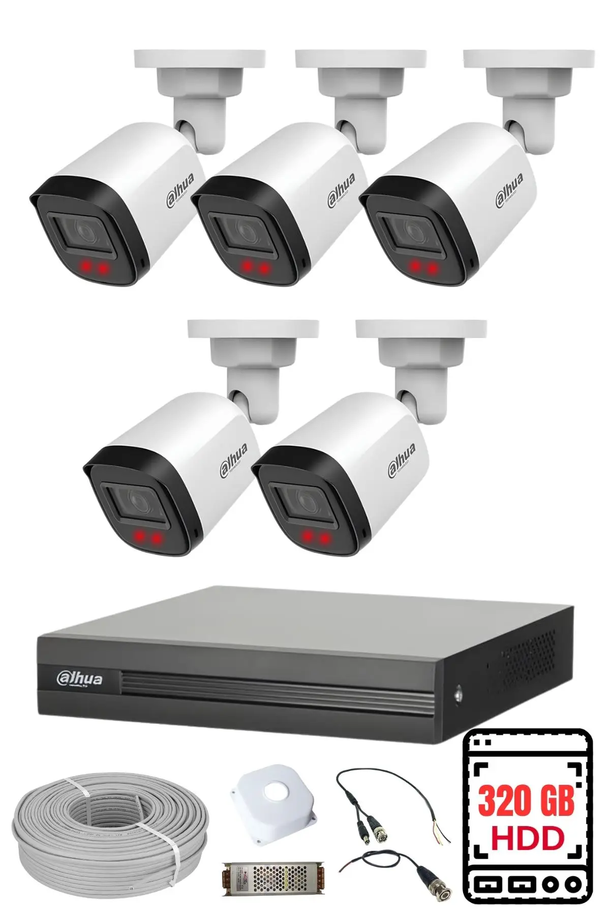 Dahua 5 Kameralı 2MP Full HD Güvenlik Kamera Seti 320 GB HDD Dahil