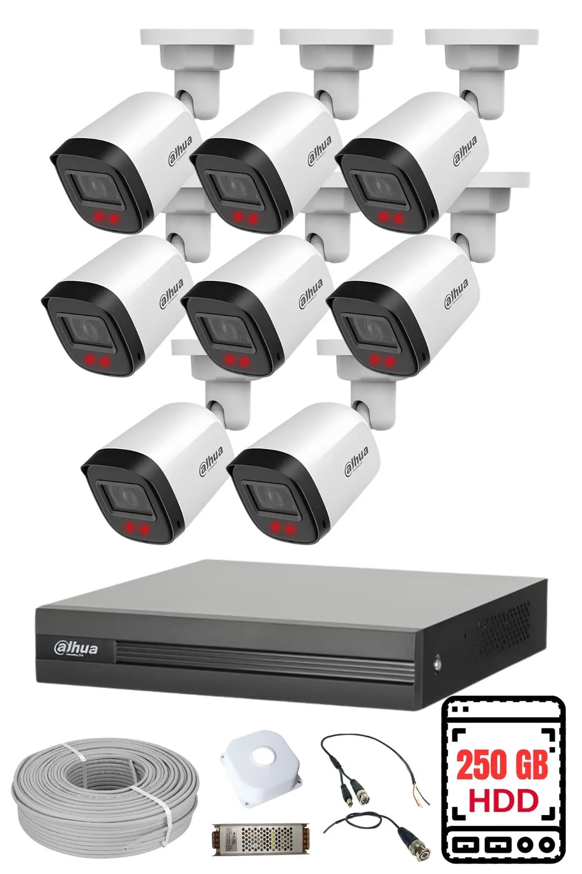 Dahua 8 Kameralı 2MP Full HD Güvenlik Kamera Seti 250 GB HDD Dahil