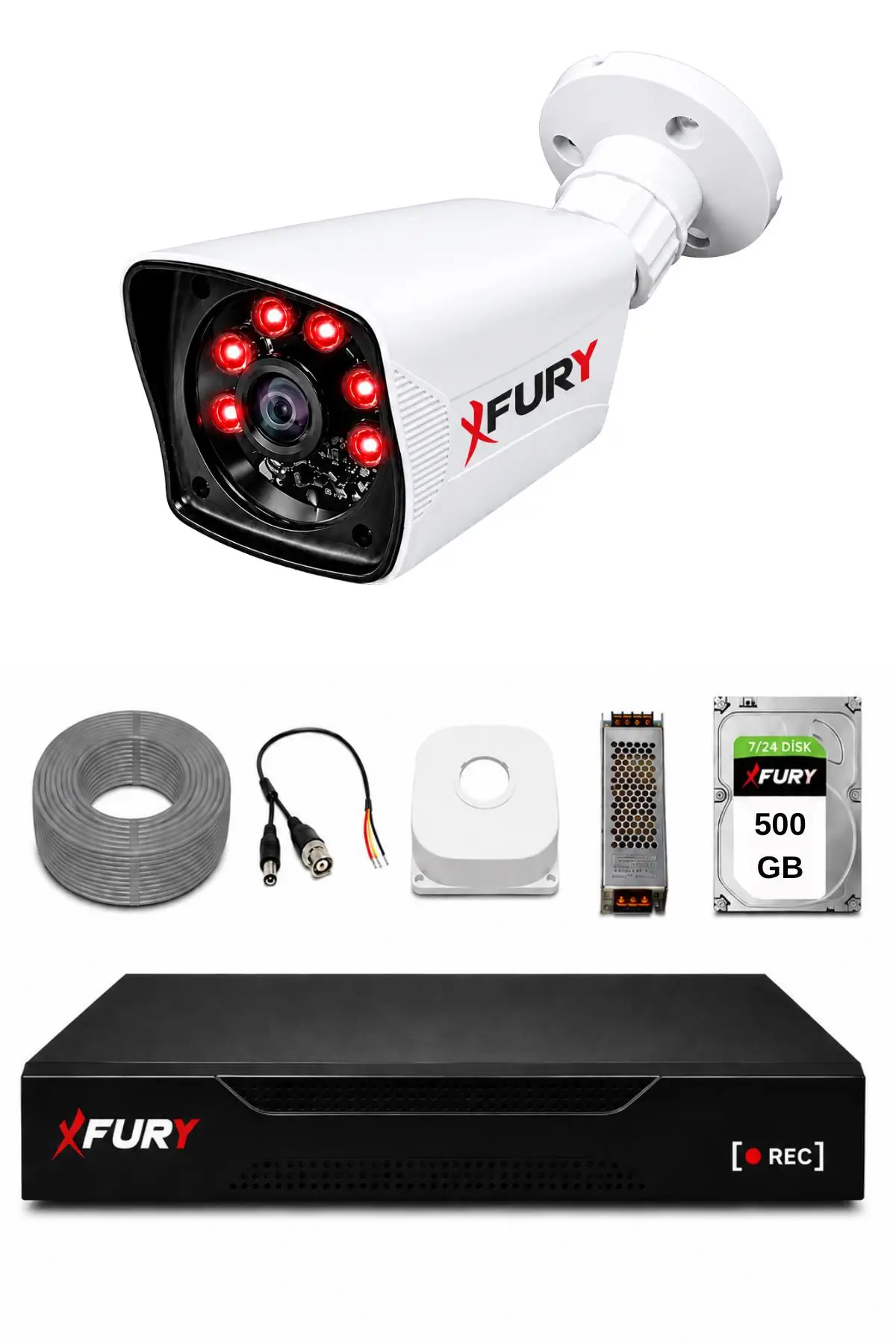 FURY 1 Kameralı Güvenlik Kamera Seti 2MP 1080P Full HD 6 Atom LED Gece Görüşlü 500GB HDD 5525