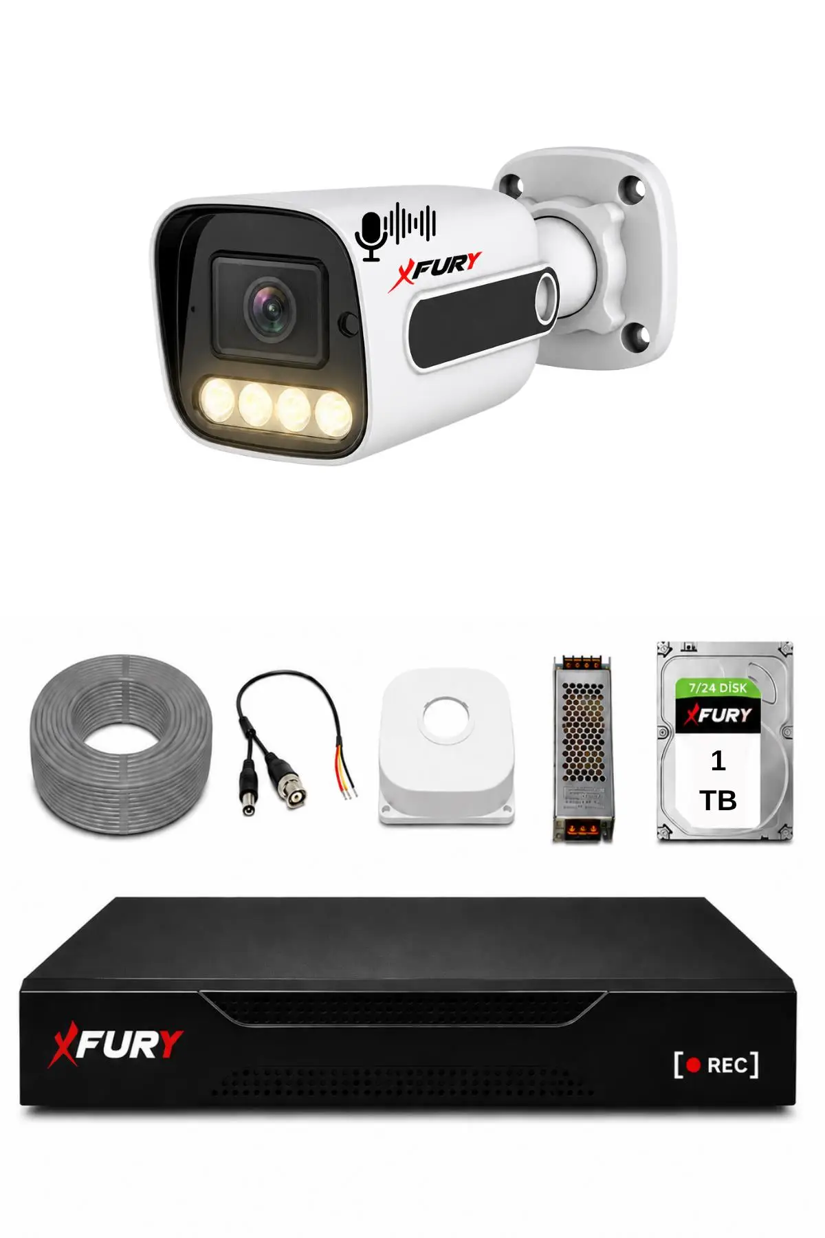 FURY 1 Kameralı Güvenlik Kamera Seti Sesli 4 Warm LED Gece Renkli Görüş 1 TB HDD 5500s