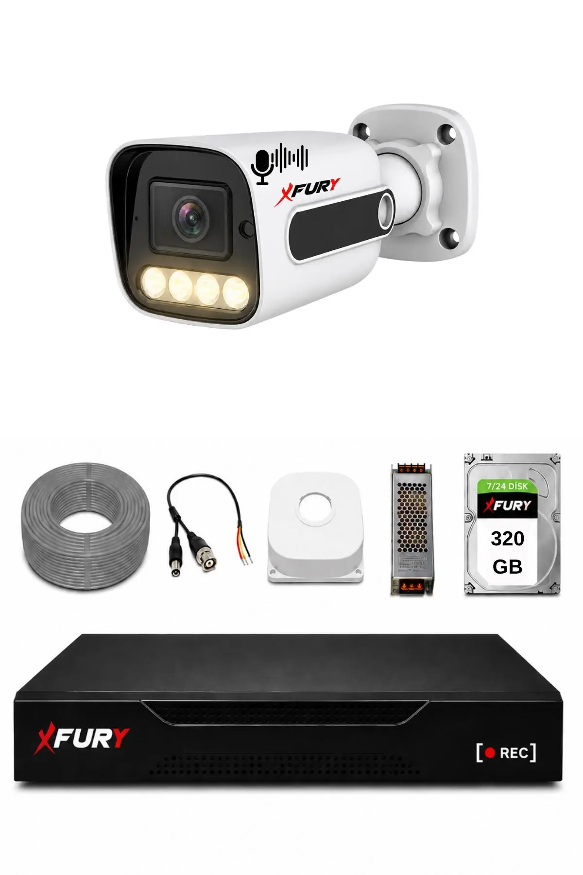 FURY 1 Kameralı Güvenlik Kamera Seti Sesli 4 Warm LED Gece Renkli Görüş 320GB HDD 5500s