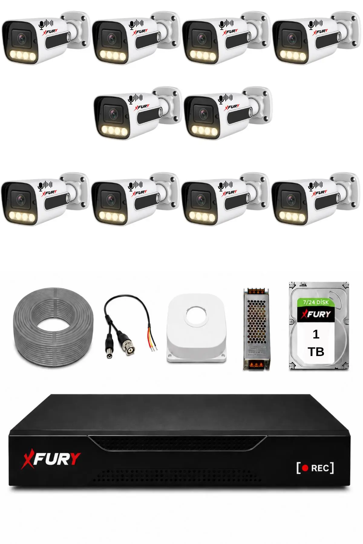 FURY 10 Kameralı Güvenlik Kamera Seti Sesli 4 Warm LED Gece Renkli Görüş 1 TB HDD 5500s