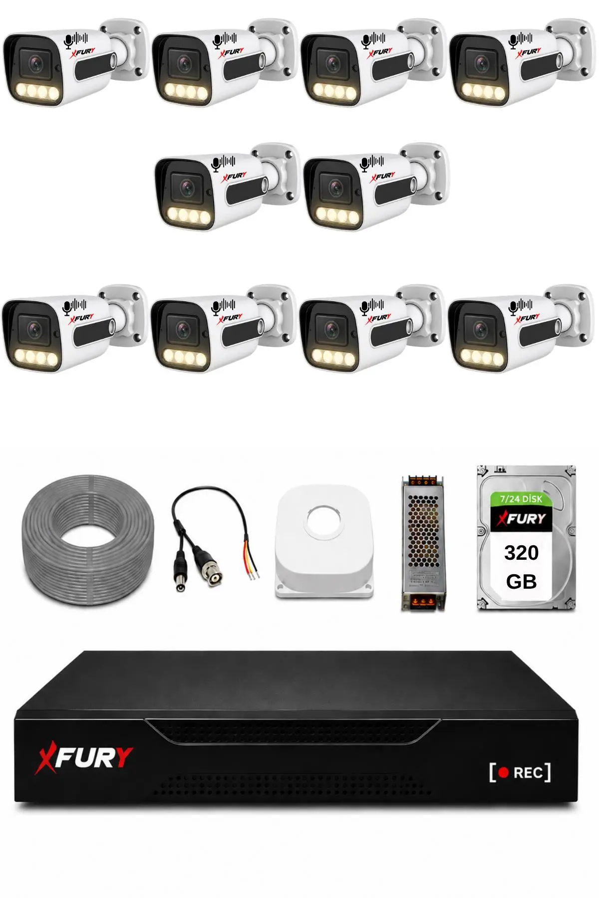 FURY 10 Kameralı Güvenlik Kamera Seti Sesli 4 Warm LED Gece Renkli Görüş 320 GB HDD 5500s