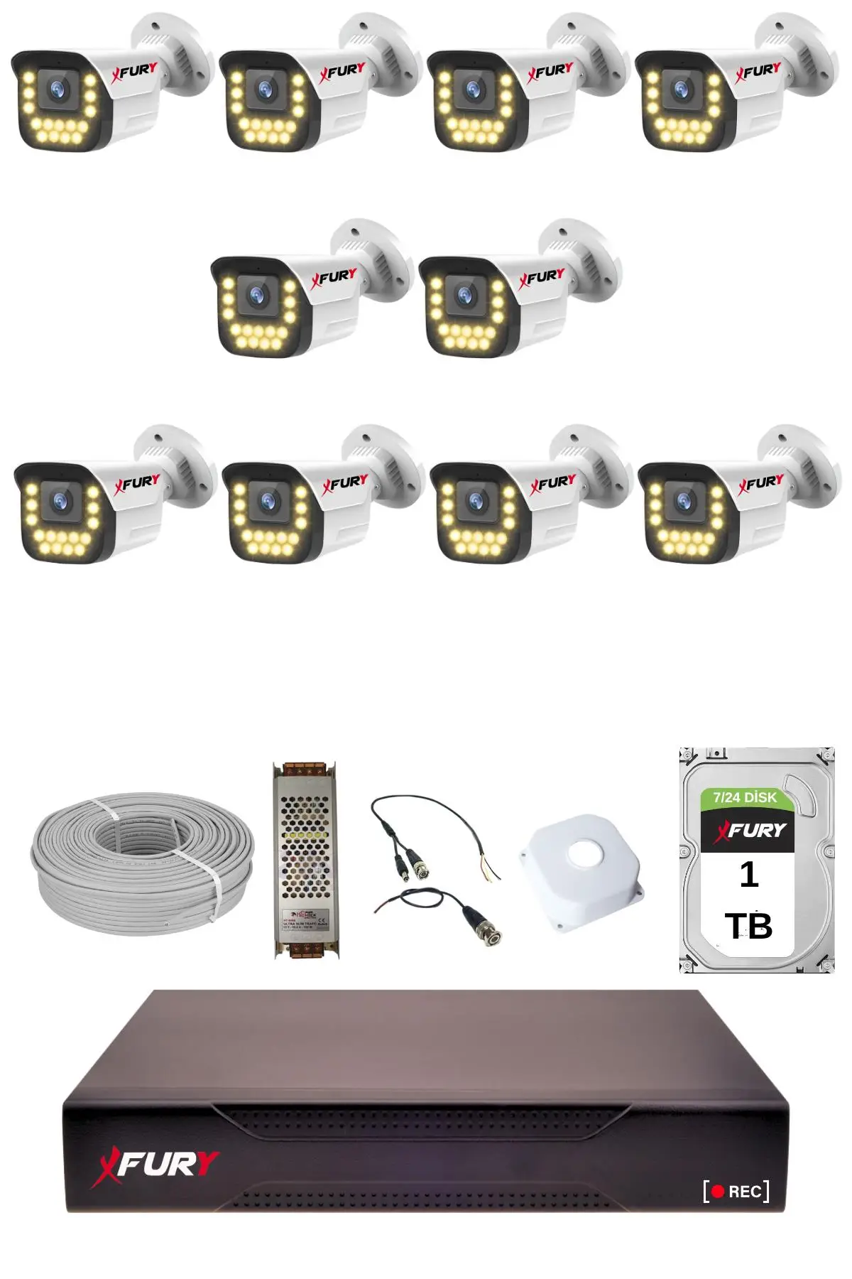 FURY 10 lu 15 Warm Led Gece Renkli Görüş Su Geçirmez Güvenlik Kamerası Seti 1TB