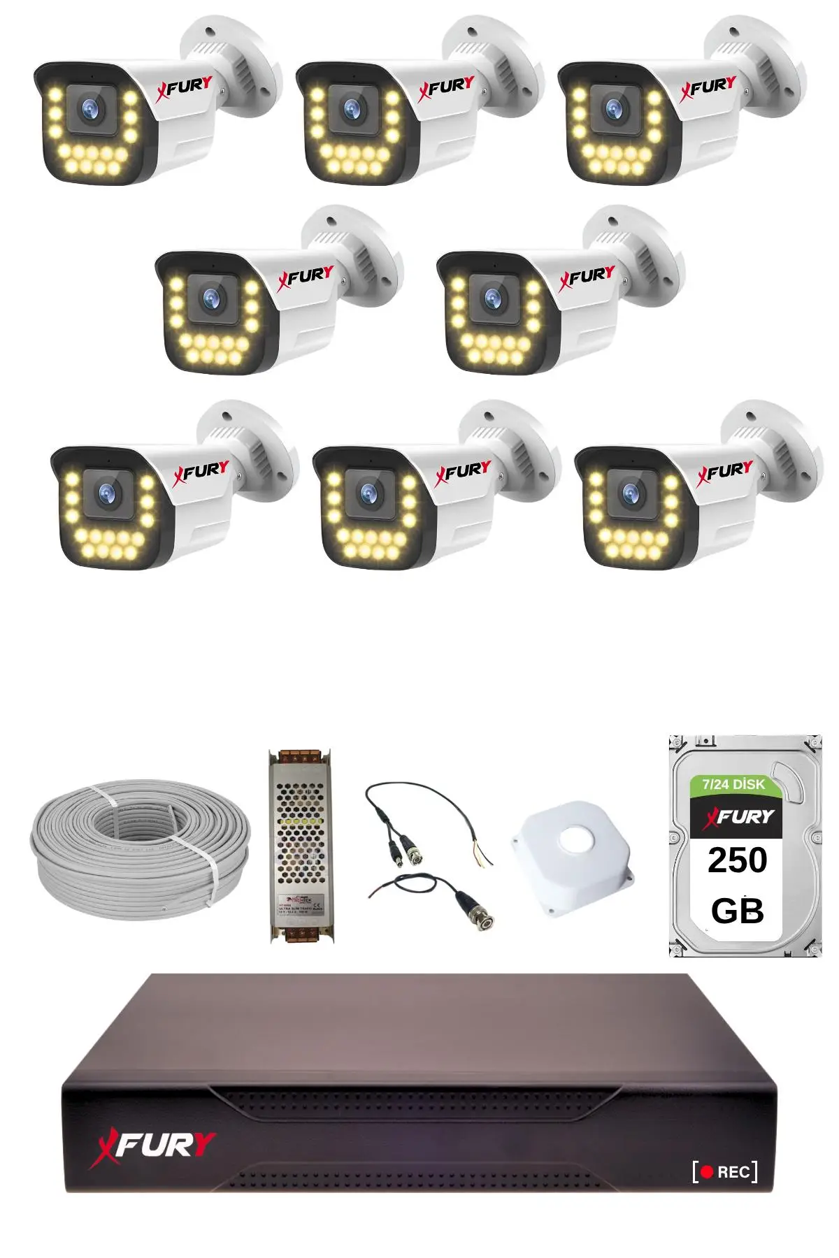 FURY 10 lu 15 Warm Led Gece Renkli Görüş Su Geçirmez Güvenlik Kamerası Seti 250GB