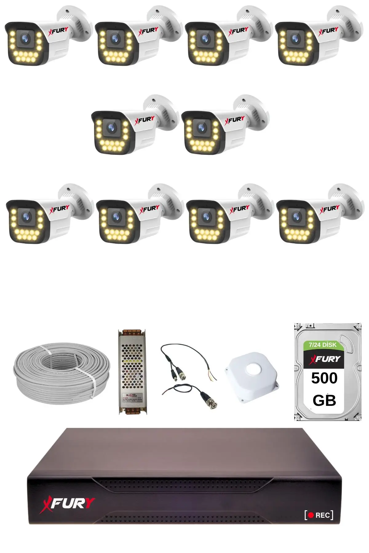 FURY 10 lu 15 Warm Led Gece Renkli Görüş Su Geçirmez Güvenlik Kamerası Seti 500GB