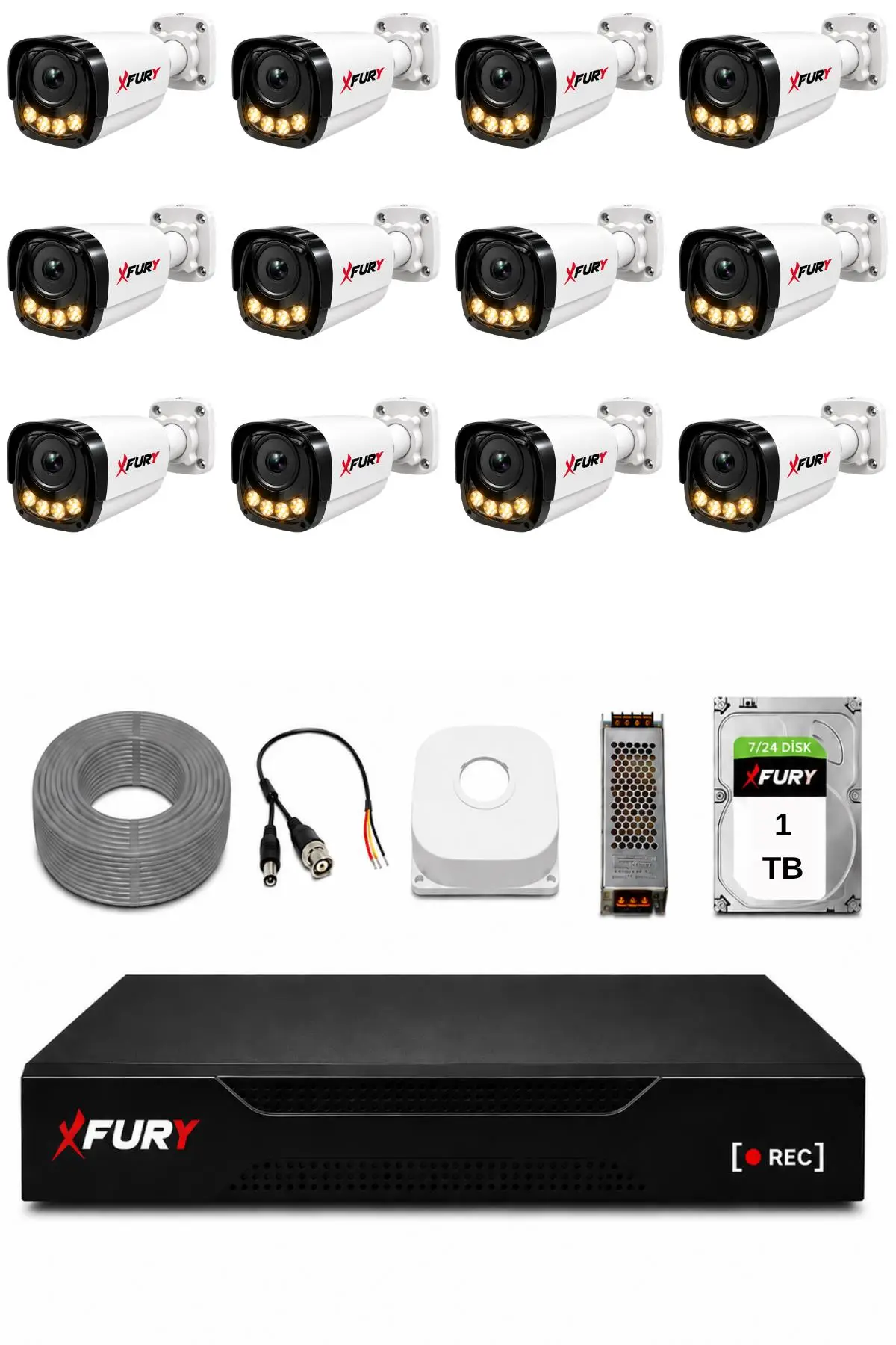 FURY 12 Kameralı Güvenlik Kamera Seti 4 Warm LED Gece Renkli Görüş 1 TB HDD