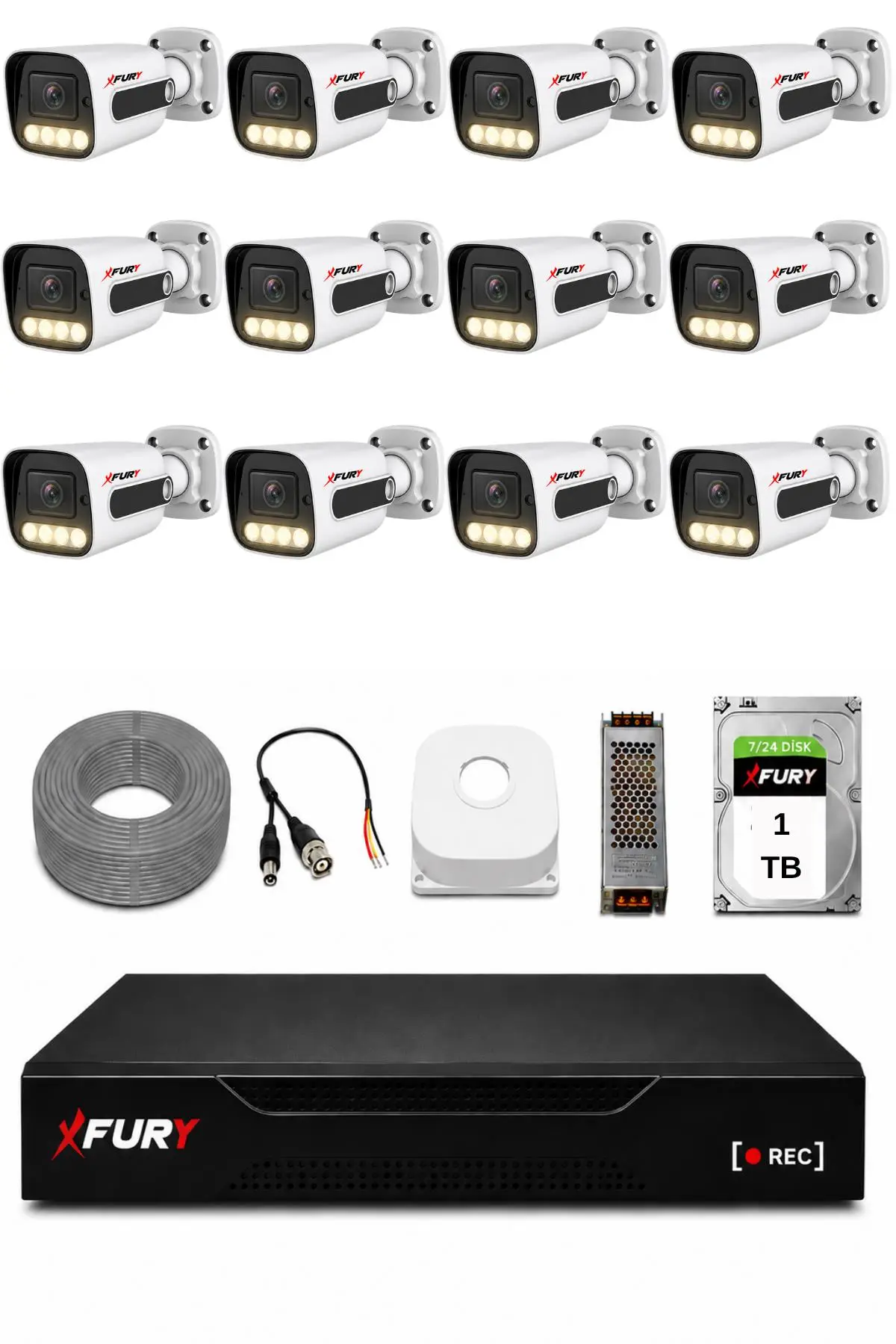 FURY 12 Kameralı Güvenlik Kamera Seti 4 Warm LED Gece Renkli Görüş 1 TB HDD 5500
