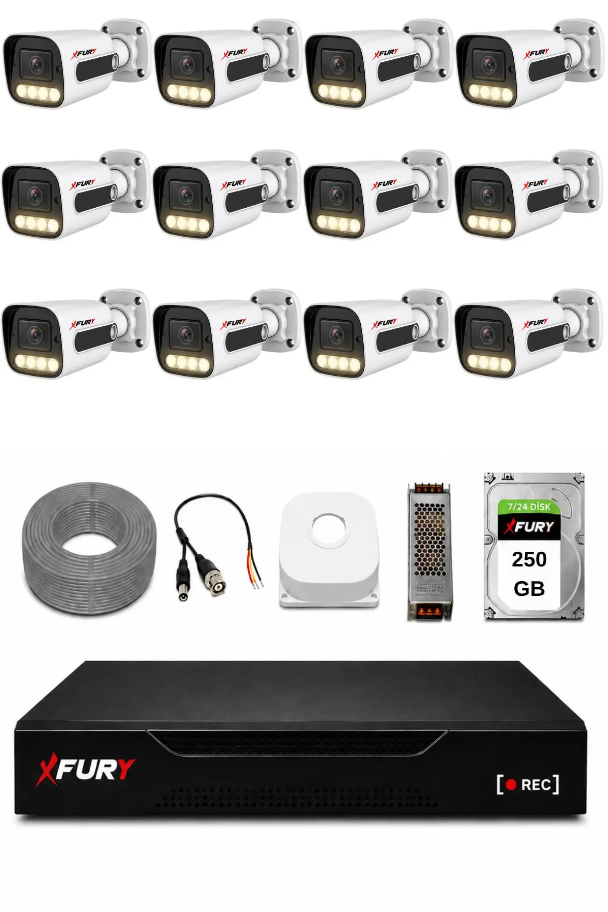 FURY 12 Kameralı Güvenlik Kamera Seti 4 Warm LED Gece Renkli Görüş 250 GB HDD 5500