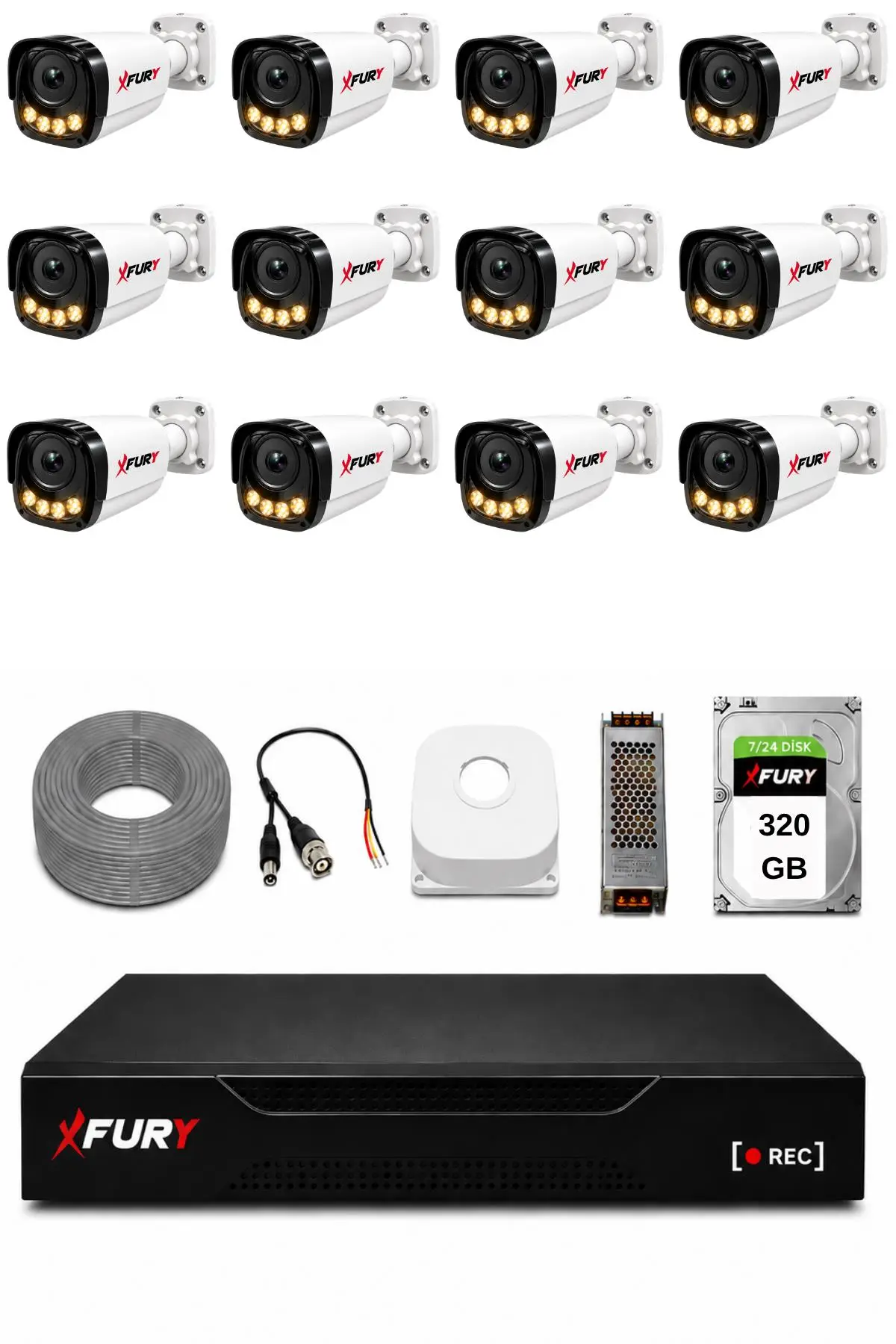 FURY 12 Kameralı Güvenlik Kamera Seti 4 Warm LED Gece Renkli Görüş 320 GB HDD