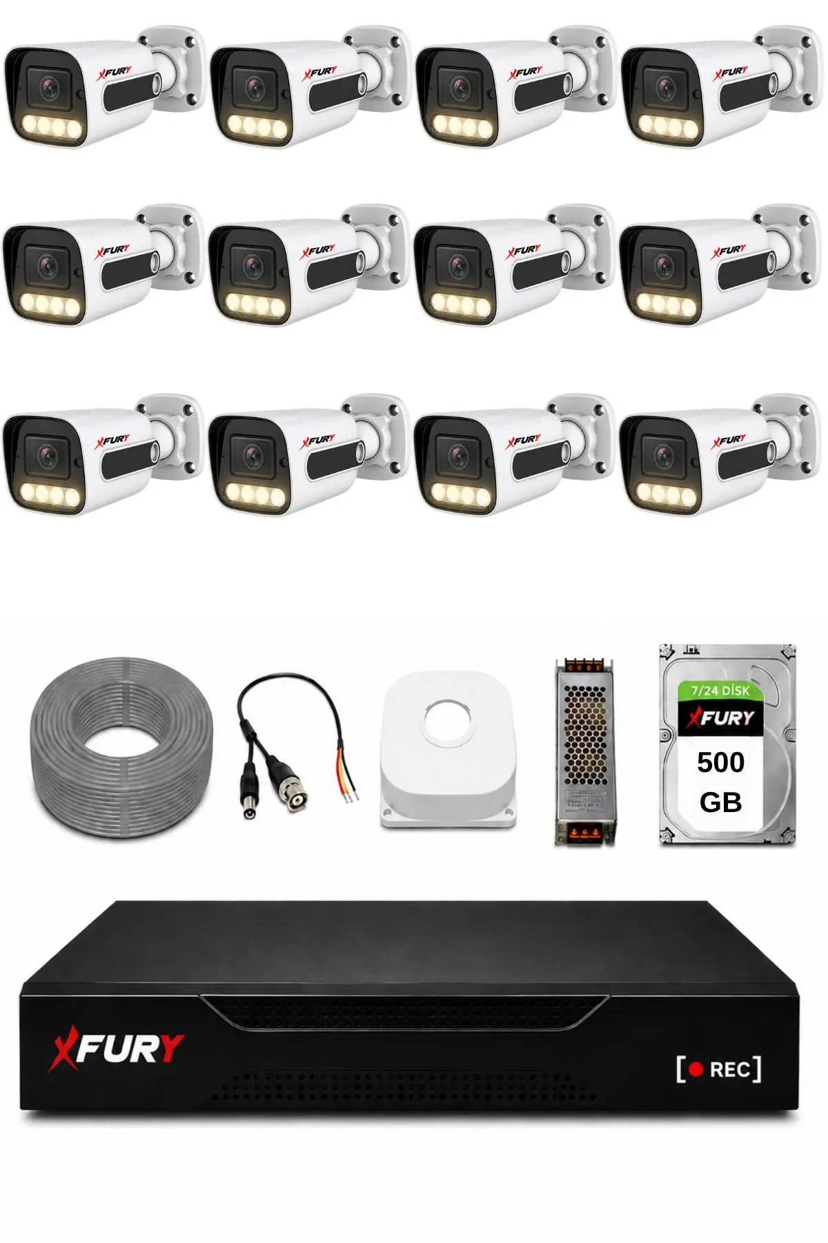 FURY 12 Kameralı Güvenlik Kamera Seti 4 Warm LED Gece Renkli Görüş 500 GB HDD 5500