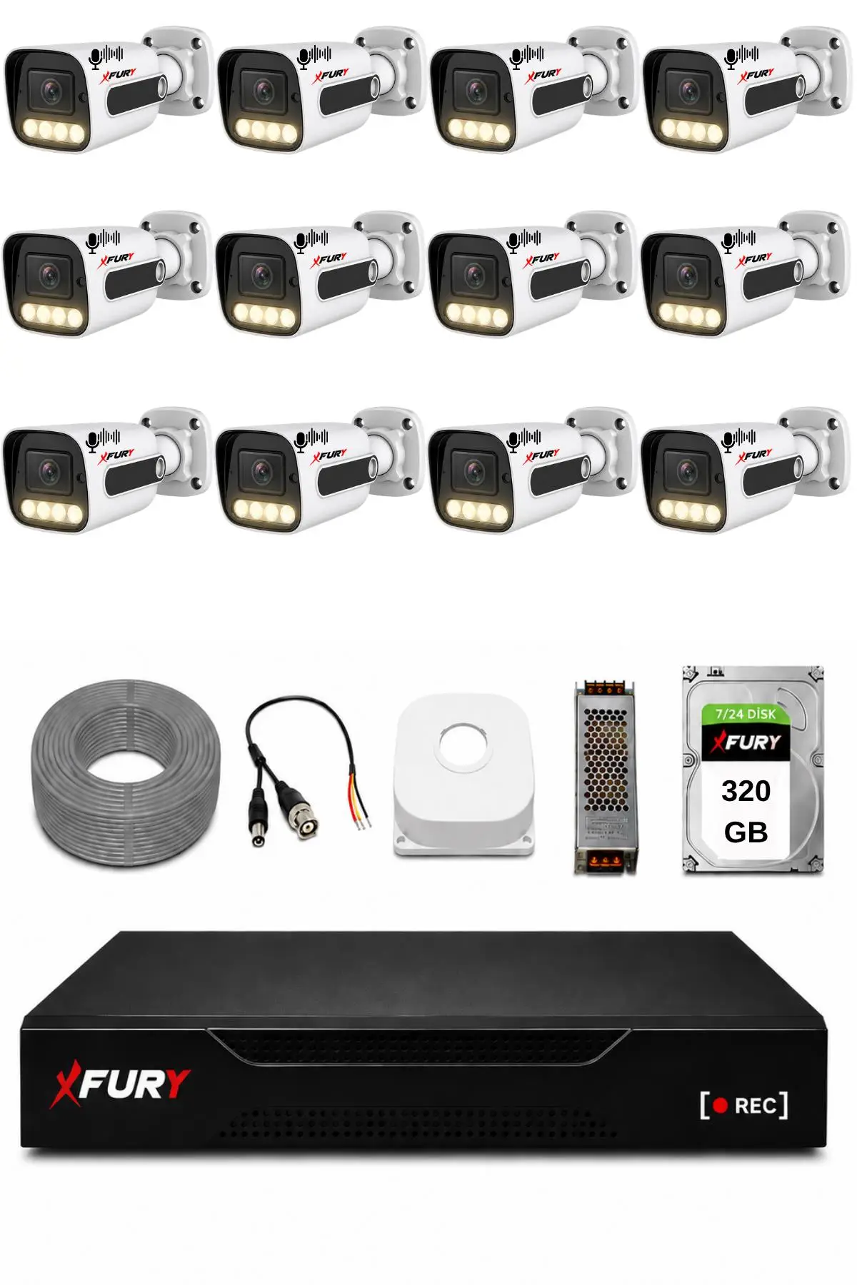 FURY 12 Kameralı Güvenlik Kamera Seti Sesli 4 Warm LED Gece Renkli Görüş 320 GB HDD 5500s