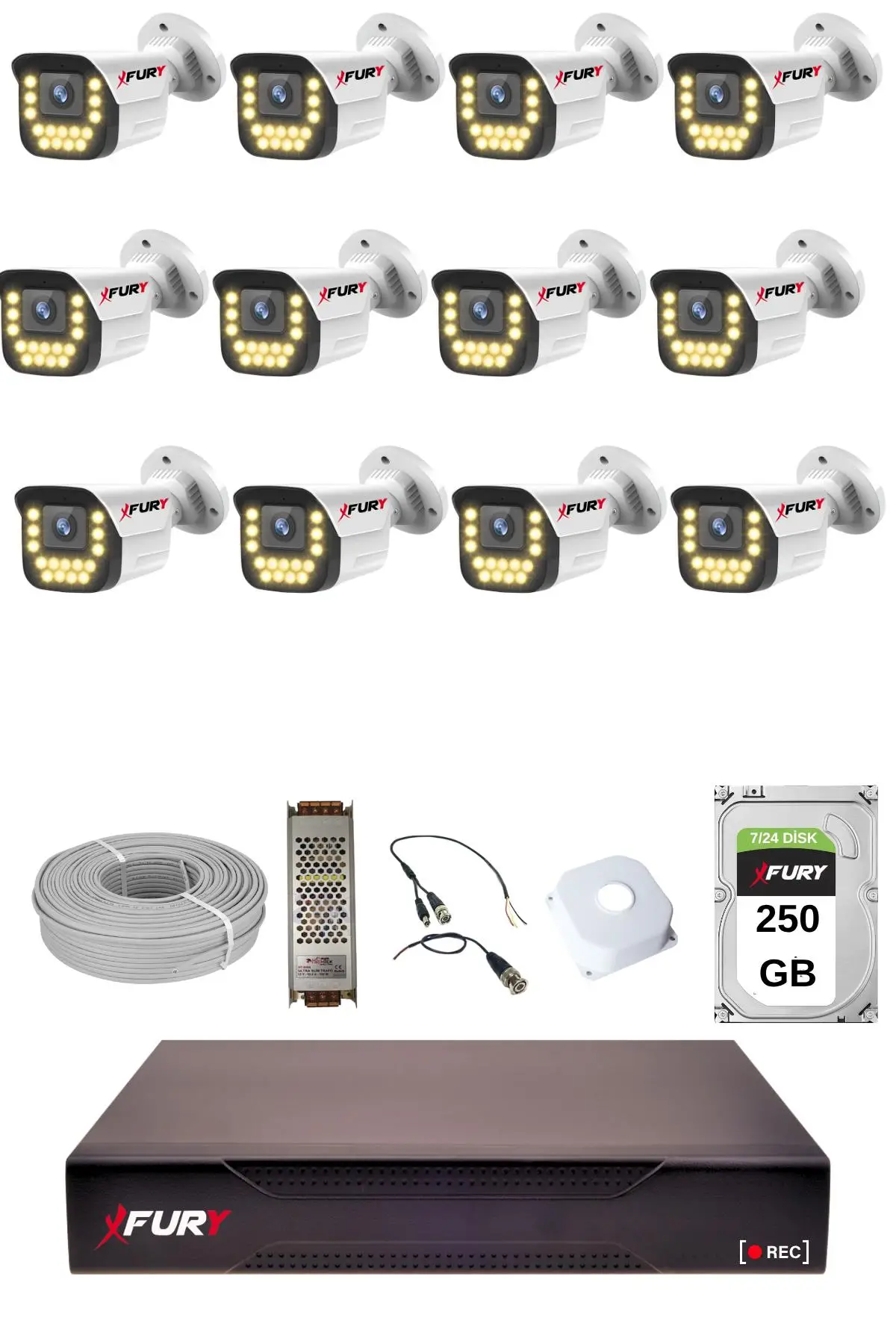 FURY 12 li 15 Warm Led Gece Renkli Görüş Su Geçirmez Güvenlik Kamerası Seti 250GB