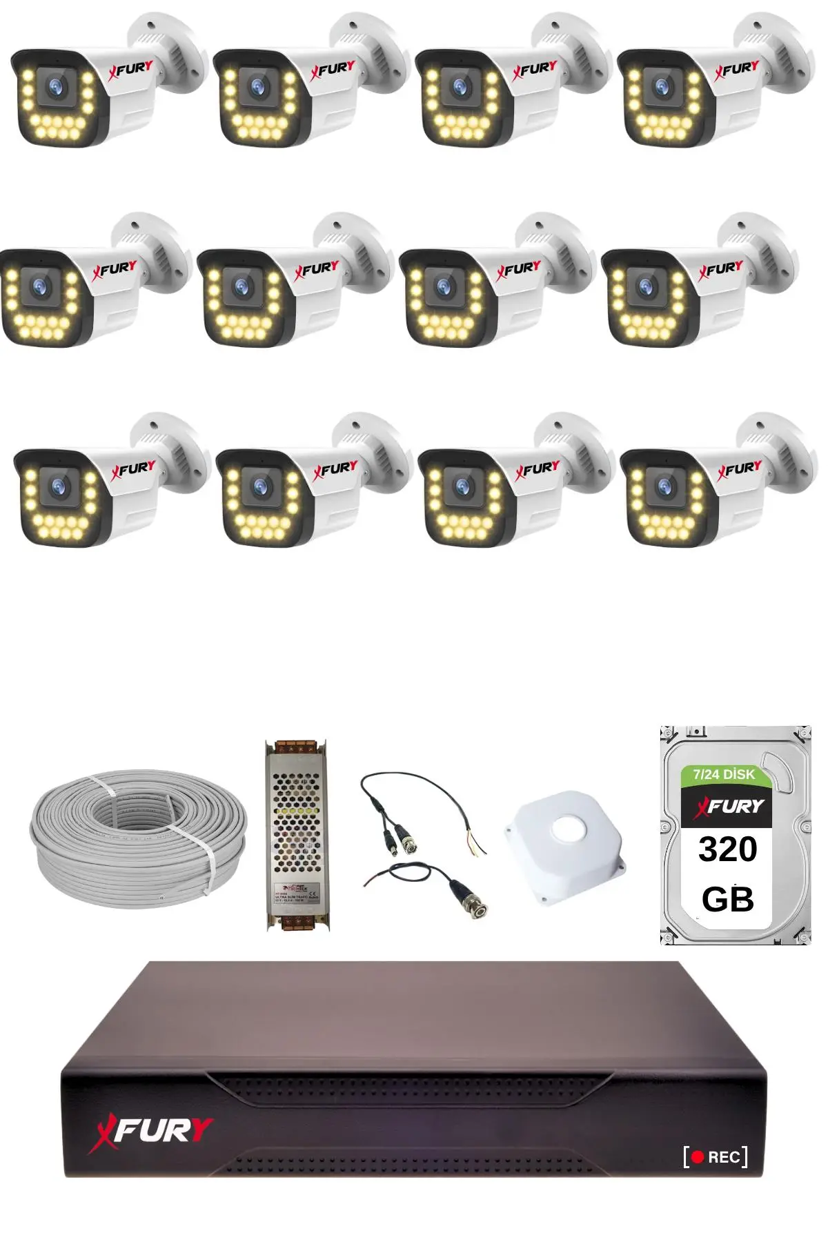 FURY 12 li 15 Warm Led Gece Renkli Görüş Su Geçirmez Güvenlik Kamerası Seti 320GB